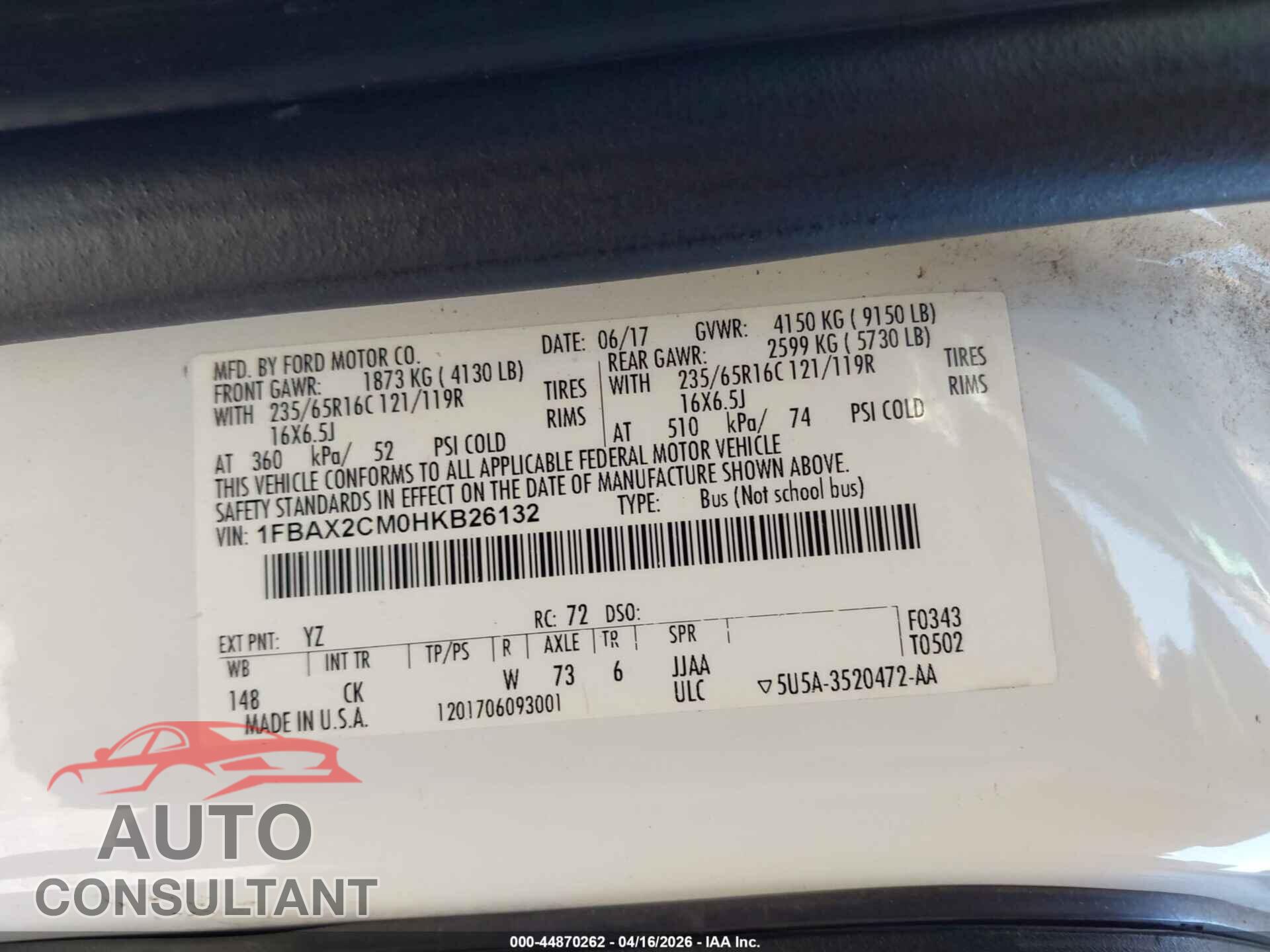 FORD TRANSIT-350 2017 - 1FBAX2CM0HKB26132
