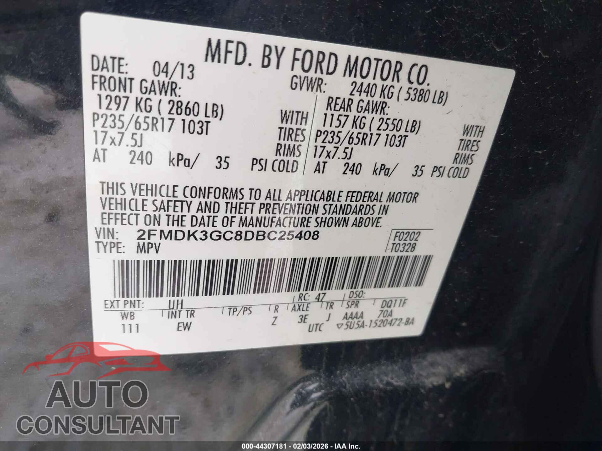 FORD EDGE 2013 - 2FMDK3GC8DBC25408