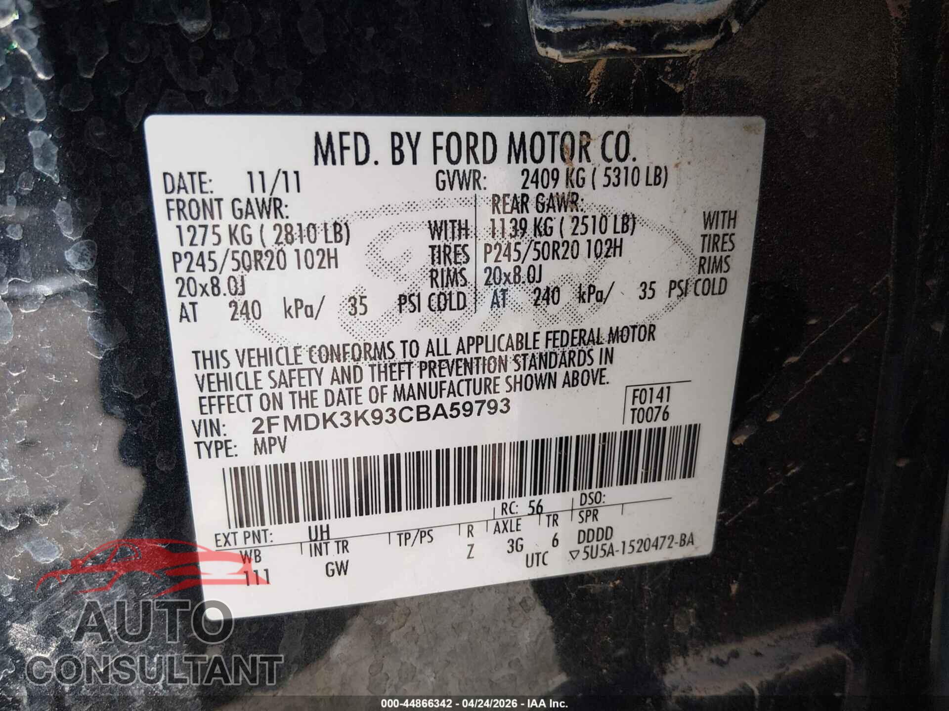 FORD EDGE 2012 - 2FMDK3K93CBA59793