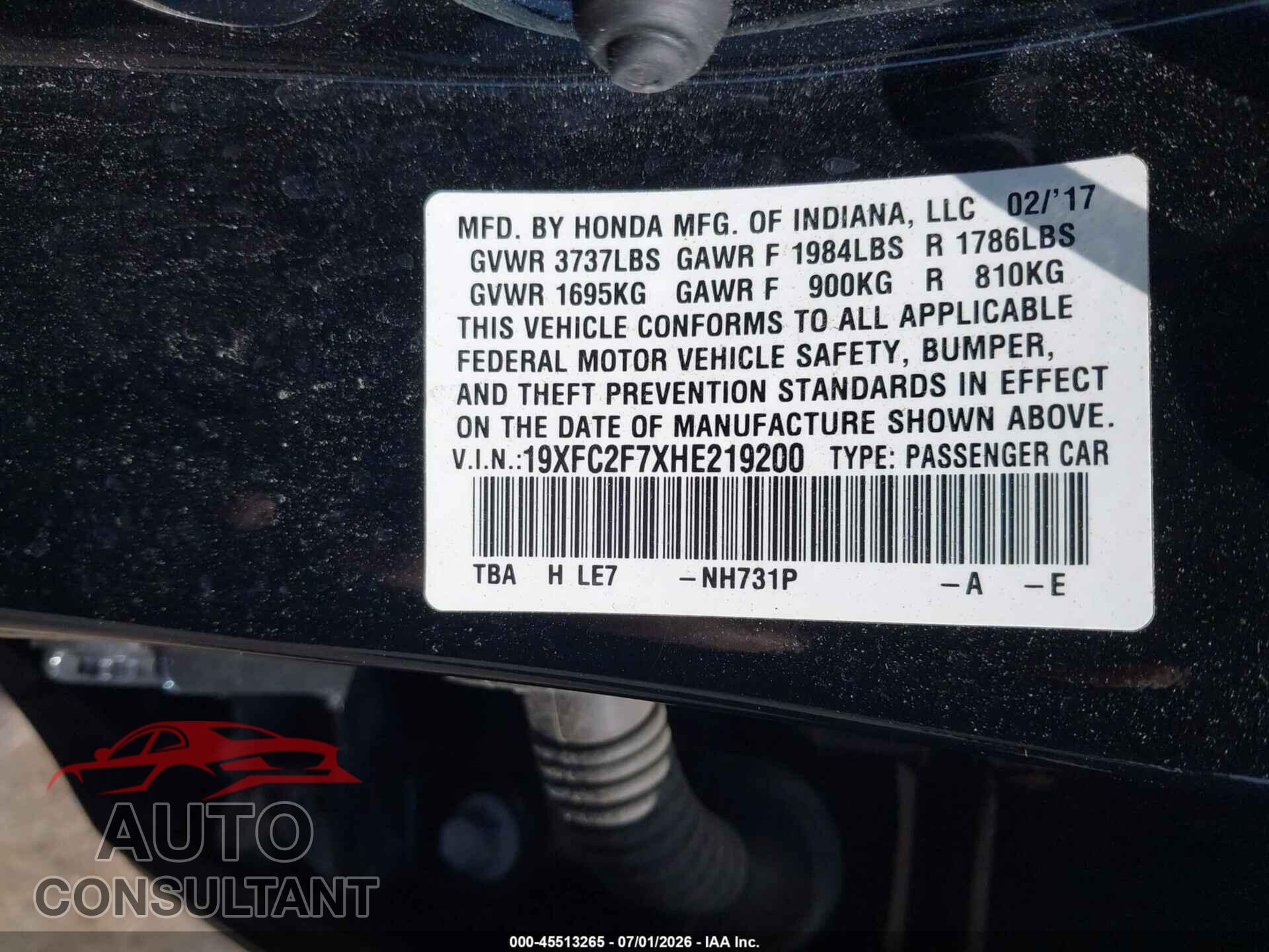 HONDA CIVIC 2017 - 19XFC2F7XHE219200