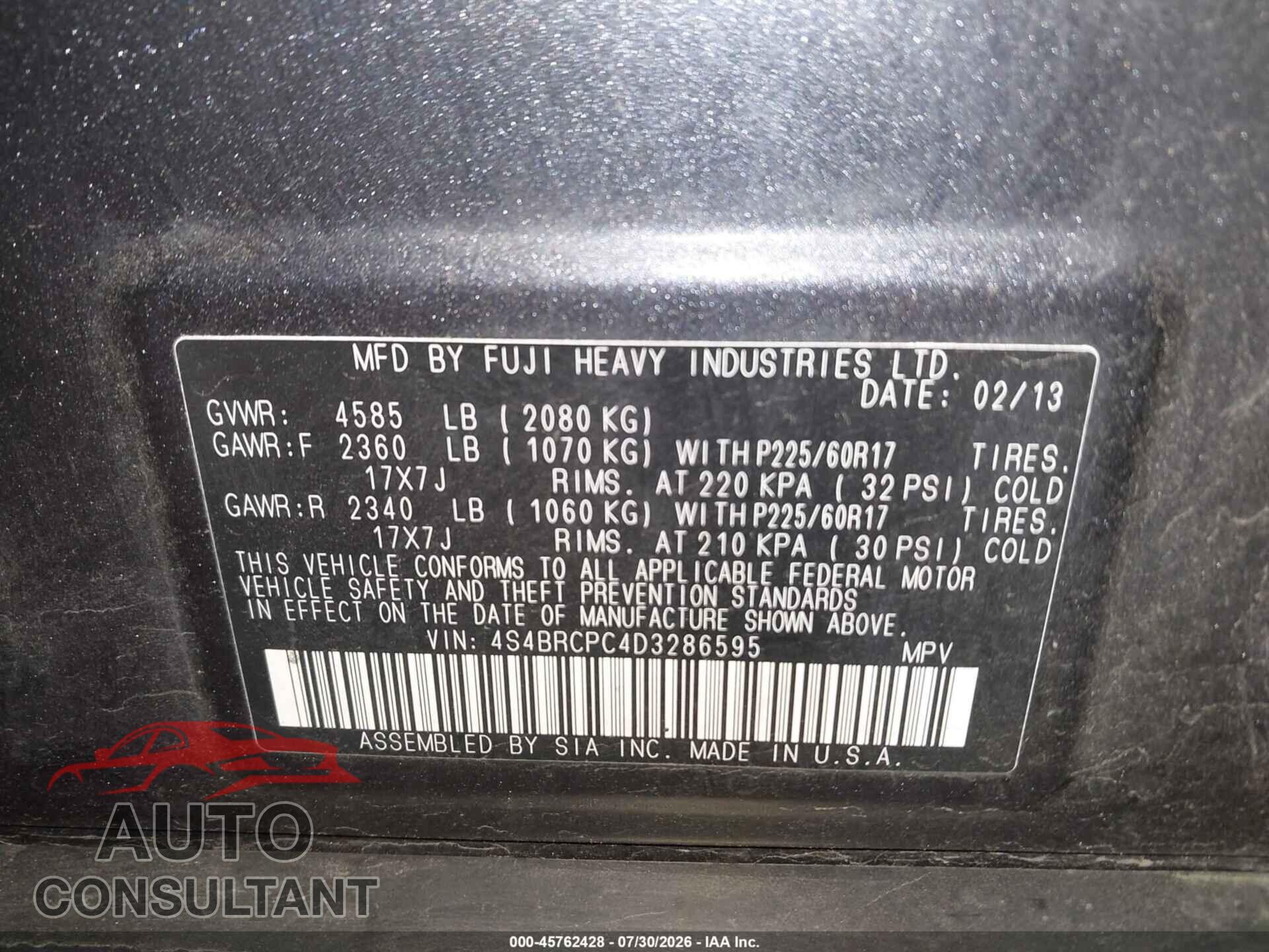 SUBARU OUTBACK 2013 - 4S4BRCPC4D3286595