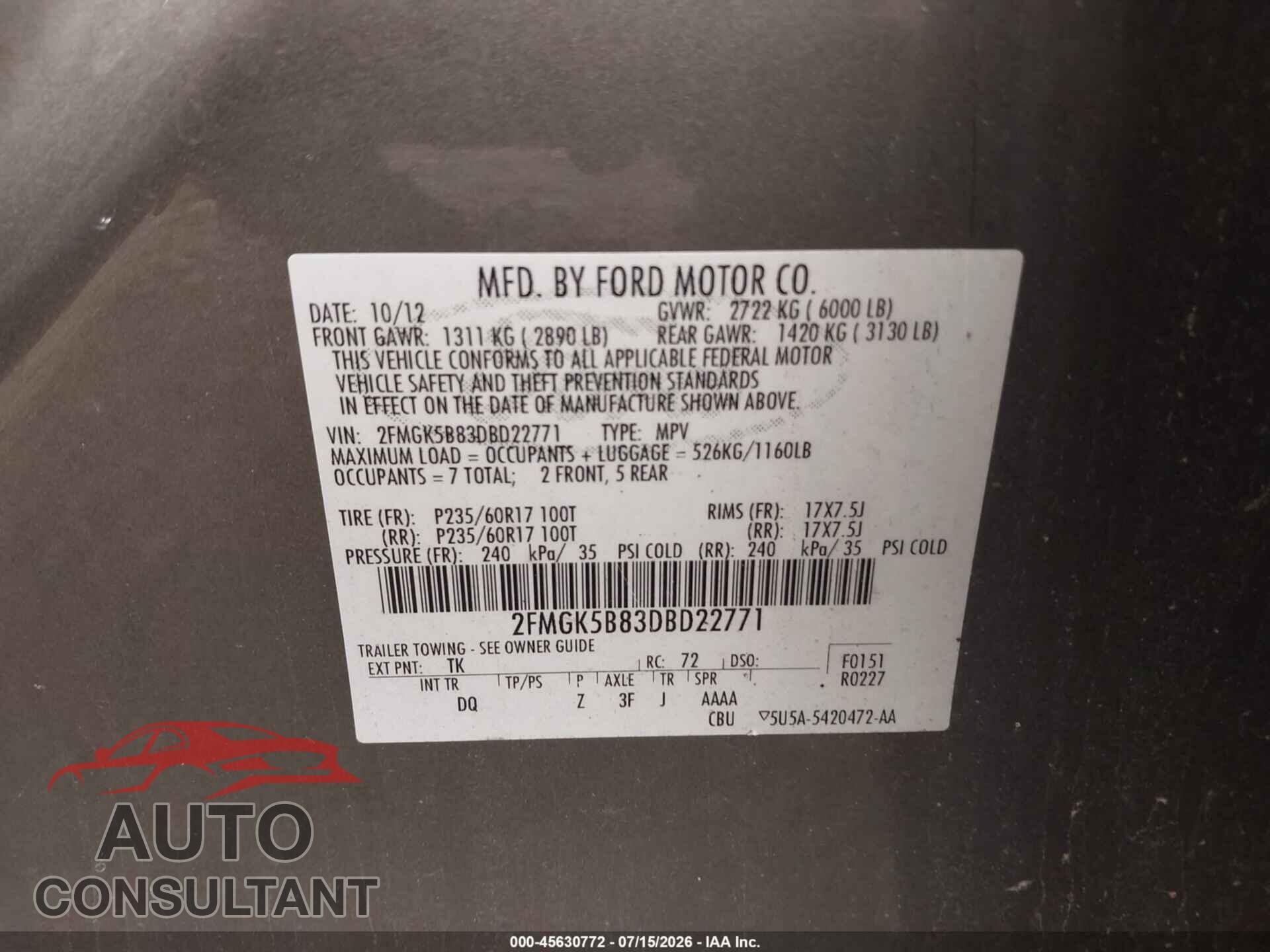 FORD FLEX 2013 - 2FMGK5B83DBD22771