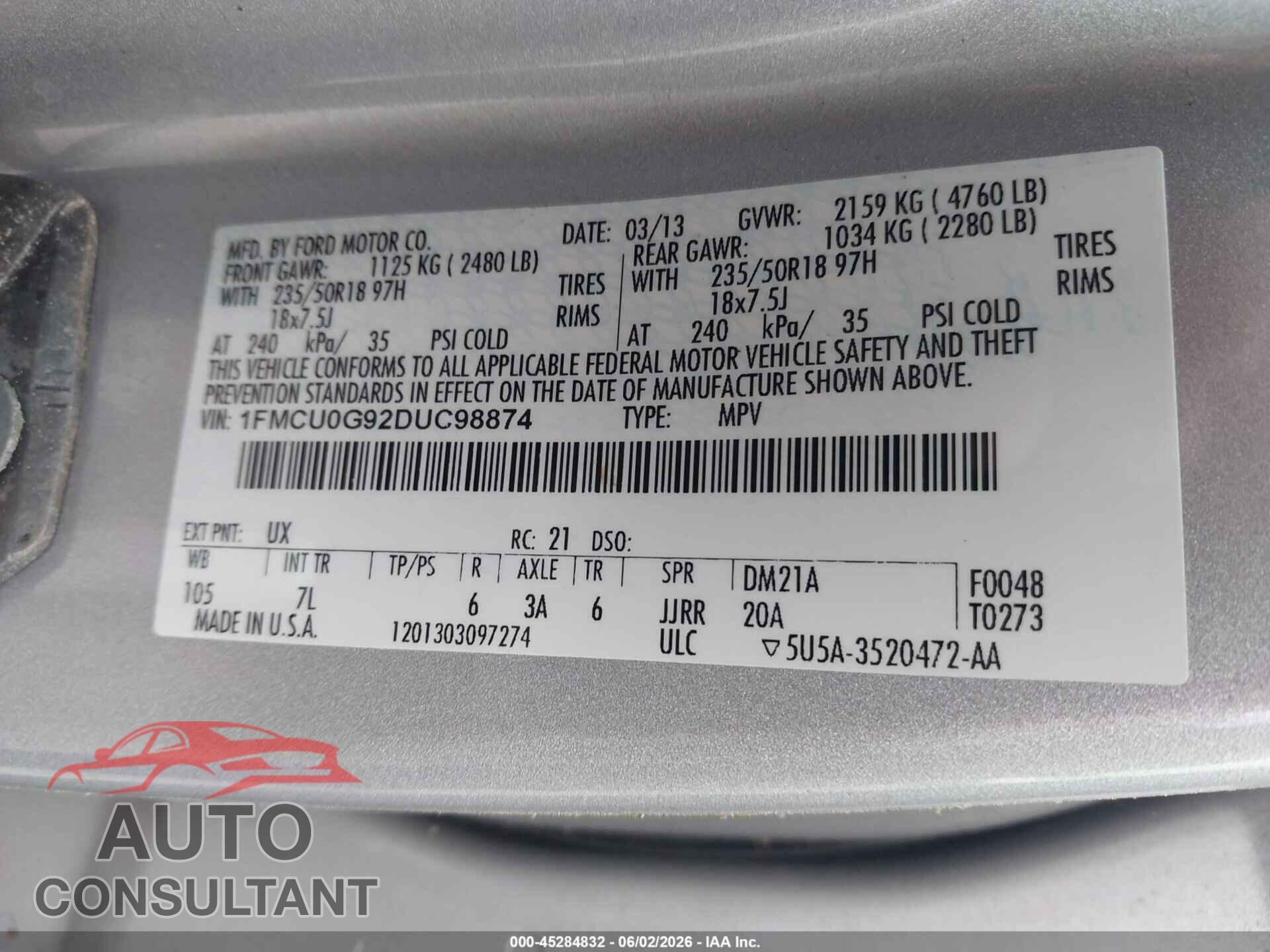 FORD ESCAPE 2013 - 1FMCU0G92DUC98874