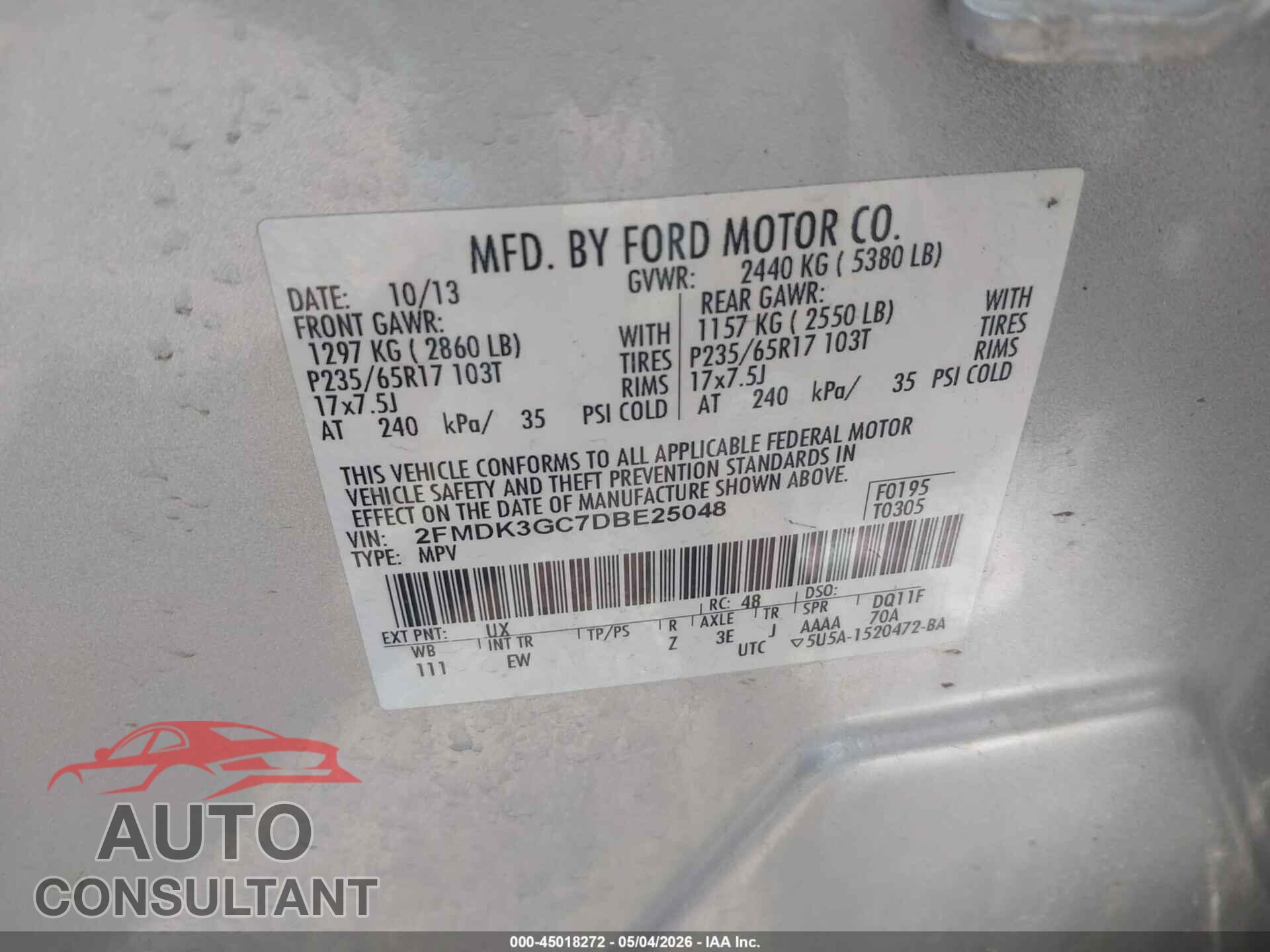 FORD EDGE 2013 - 2FMDK3GC7DBE25048