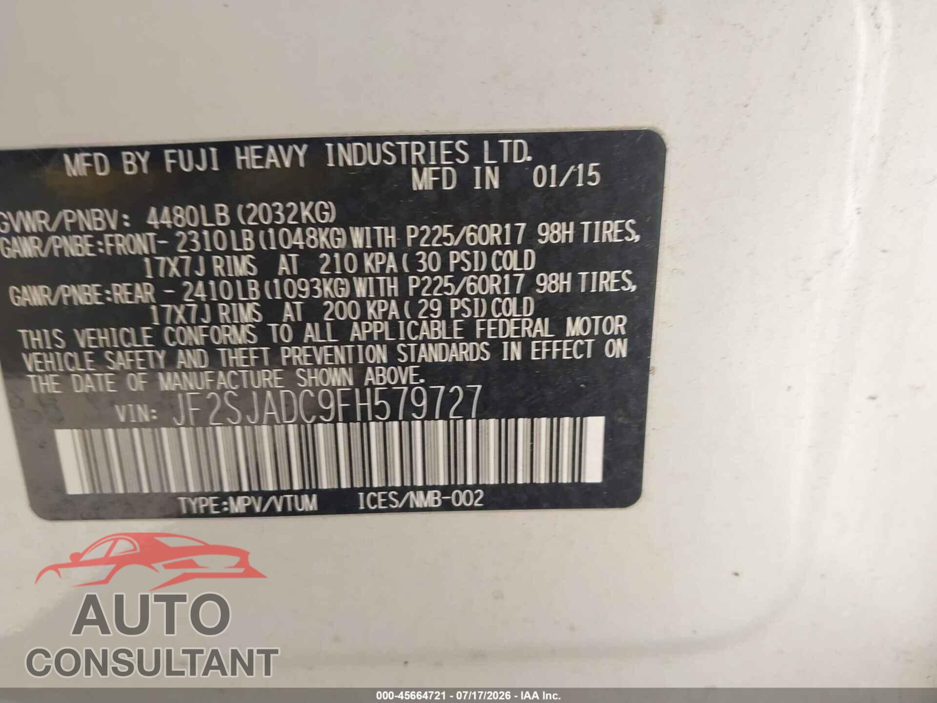 SUBARU FORESTER 2015 - JF2SJADC9FH579727