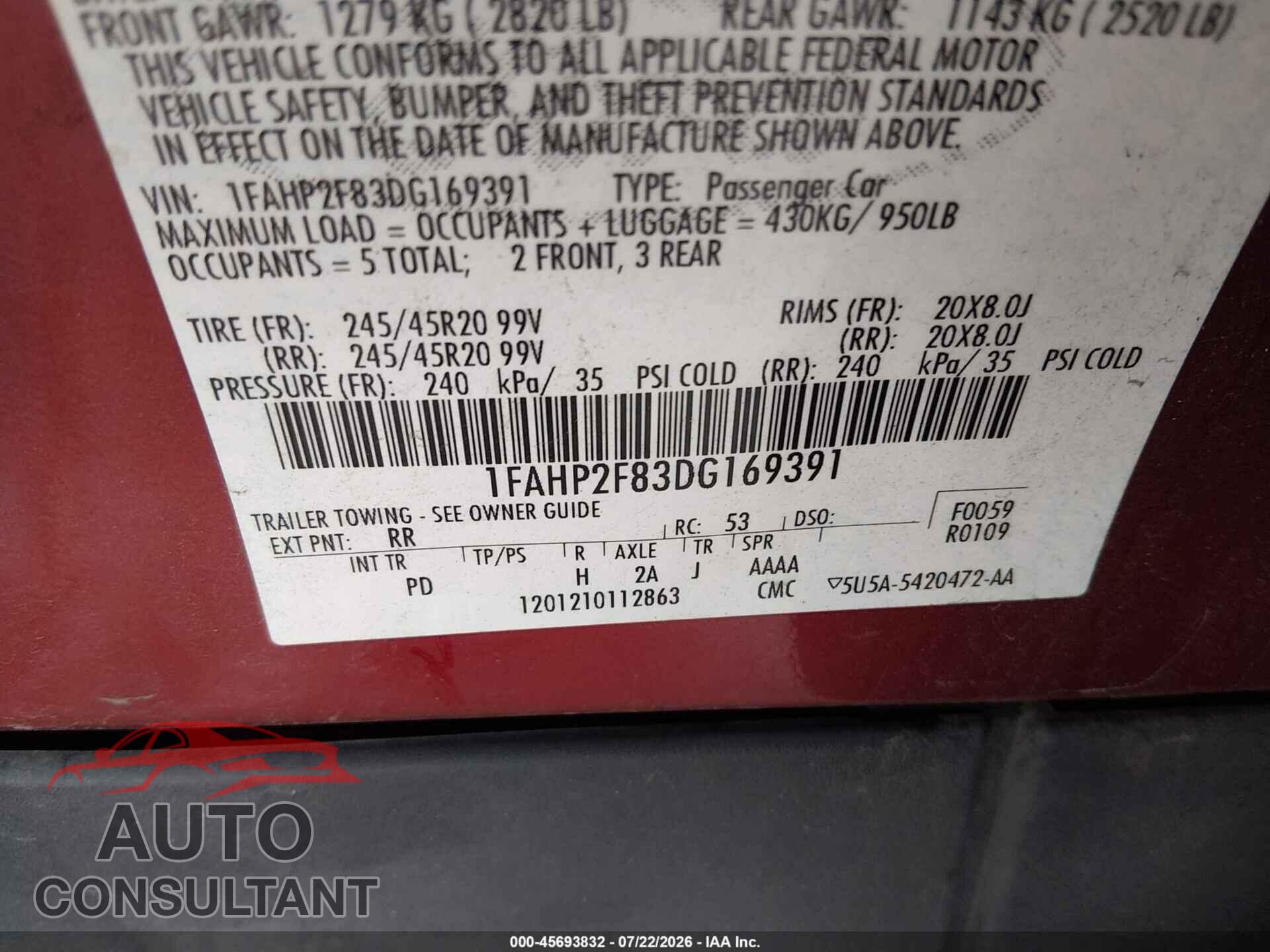 FORD TAURUS 2013 - 1FAHP2F83DG169391