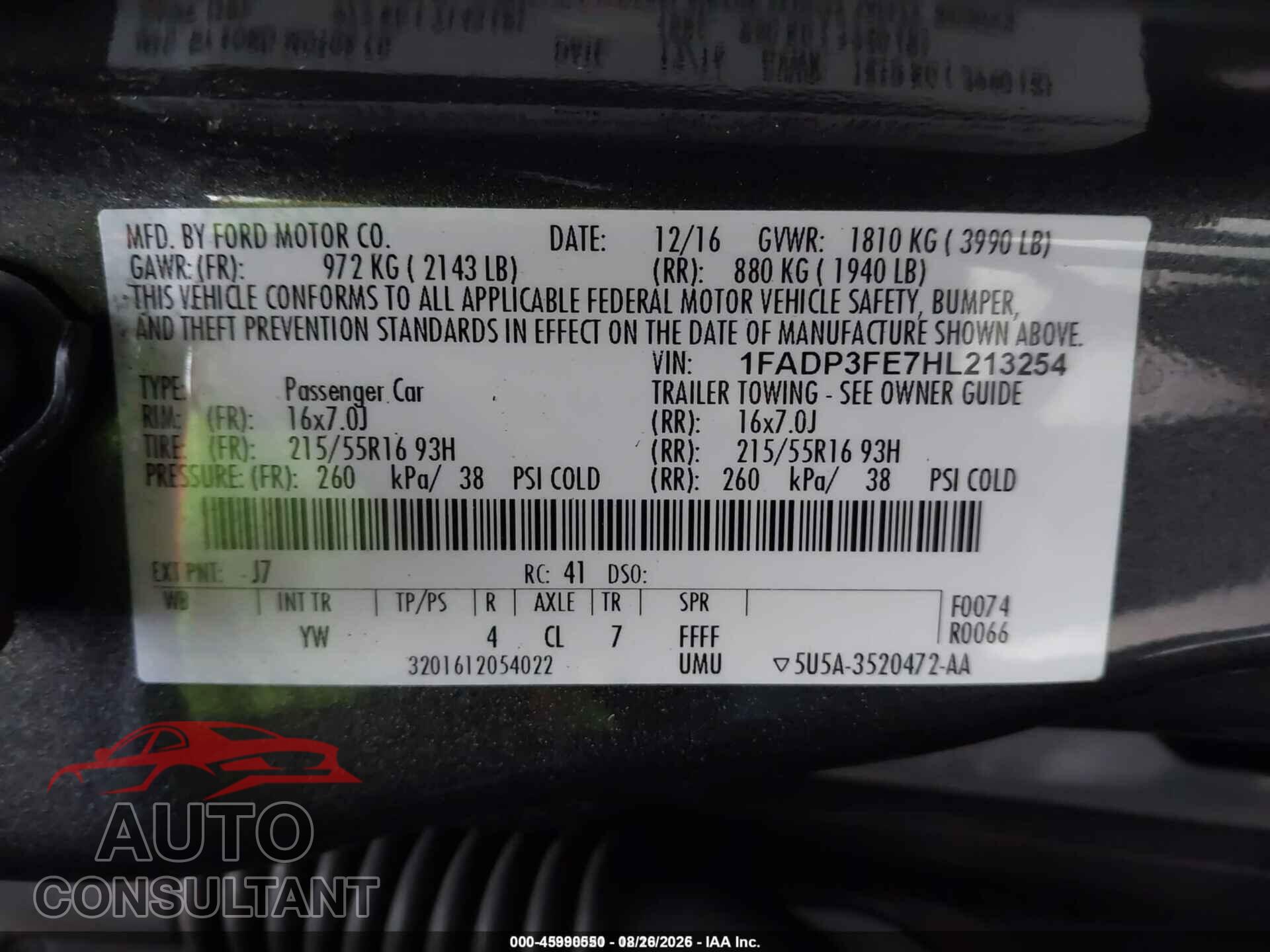 FORD FOCUS 2017 - 1FADP3FE7HL213254
