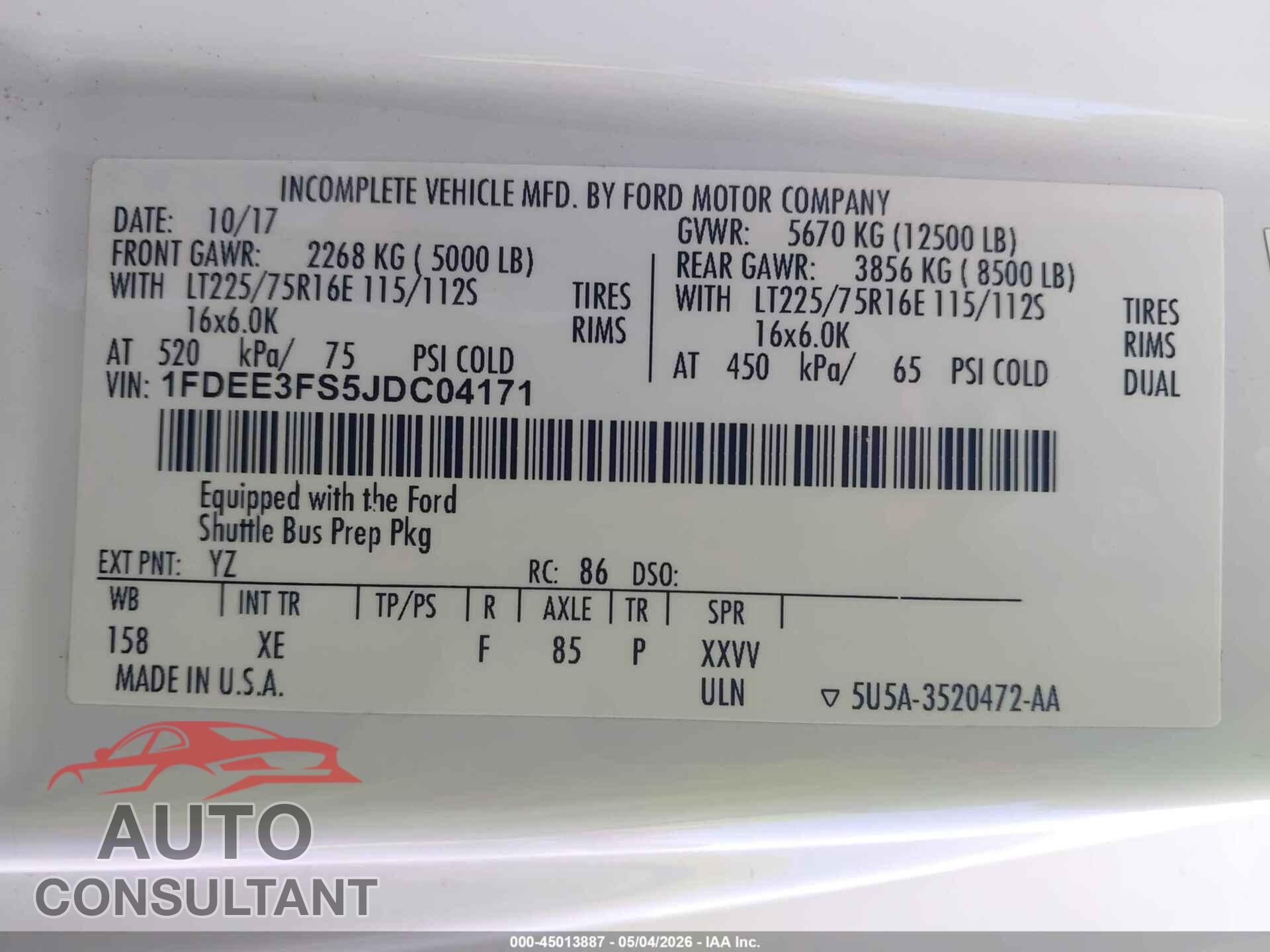 FORD E-350 CUTAWAY 2018 - 1FDEE3FS5JDC04171