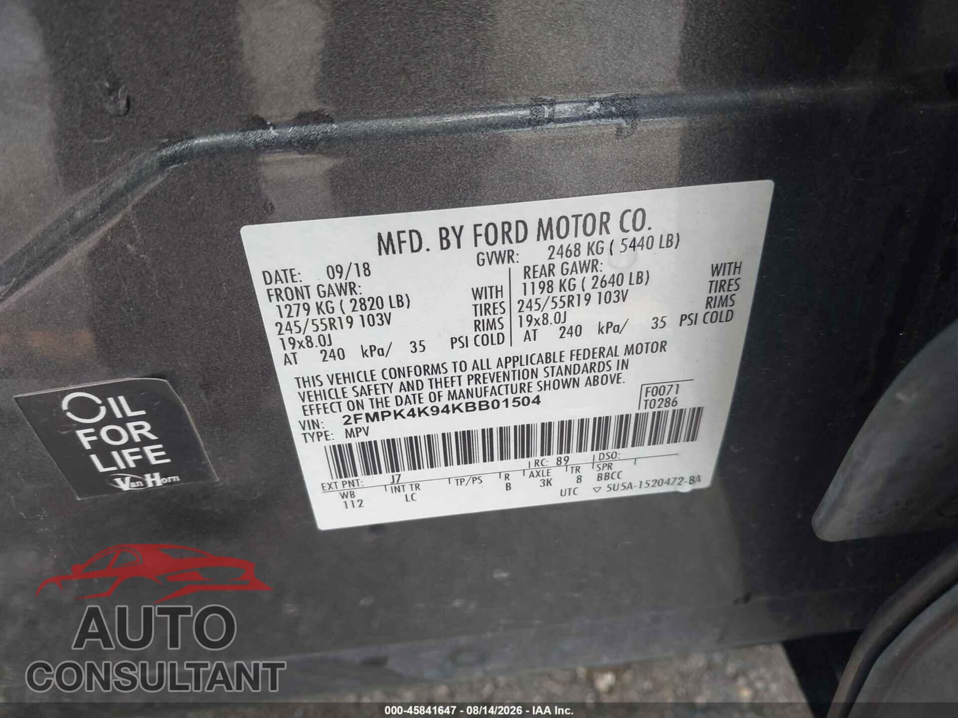 FORD EDGE 2019 - 2FMPK4K94KBB01504
