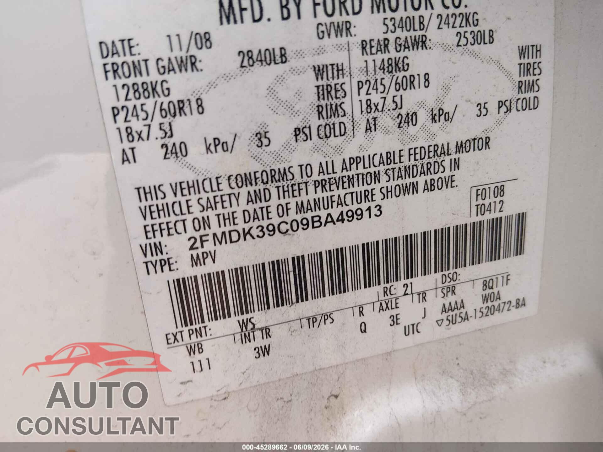FORD EDGE 2009 - 2FMDK39C09BA49913