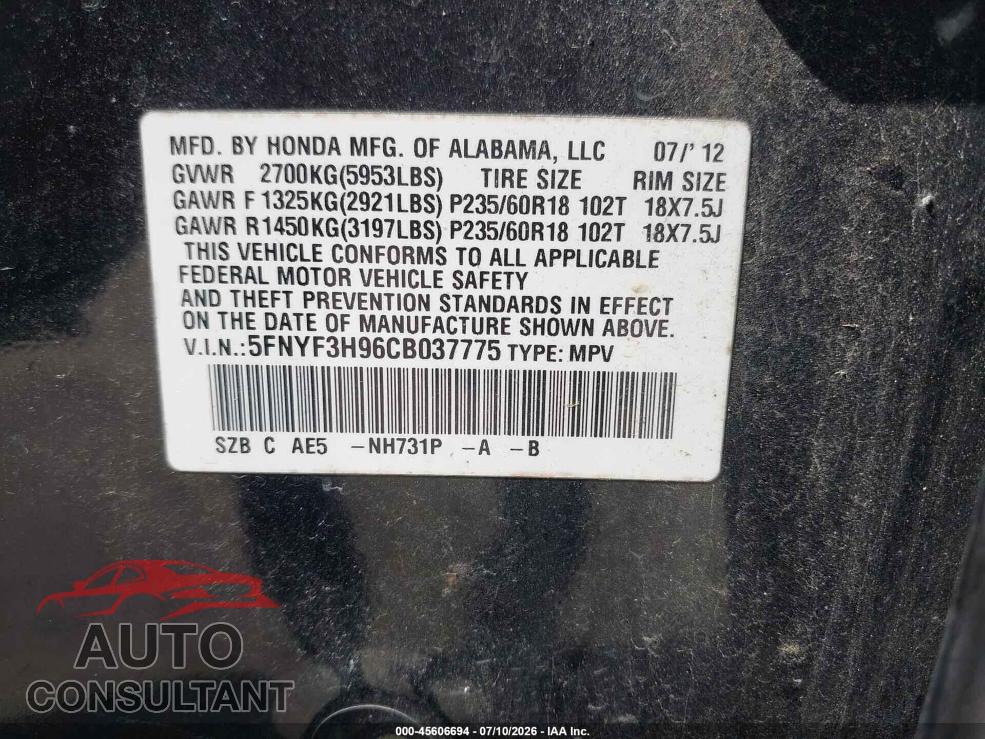 HONDA PILOT 2012 - 5FNYF3H96CB037775