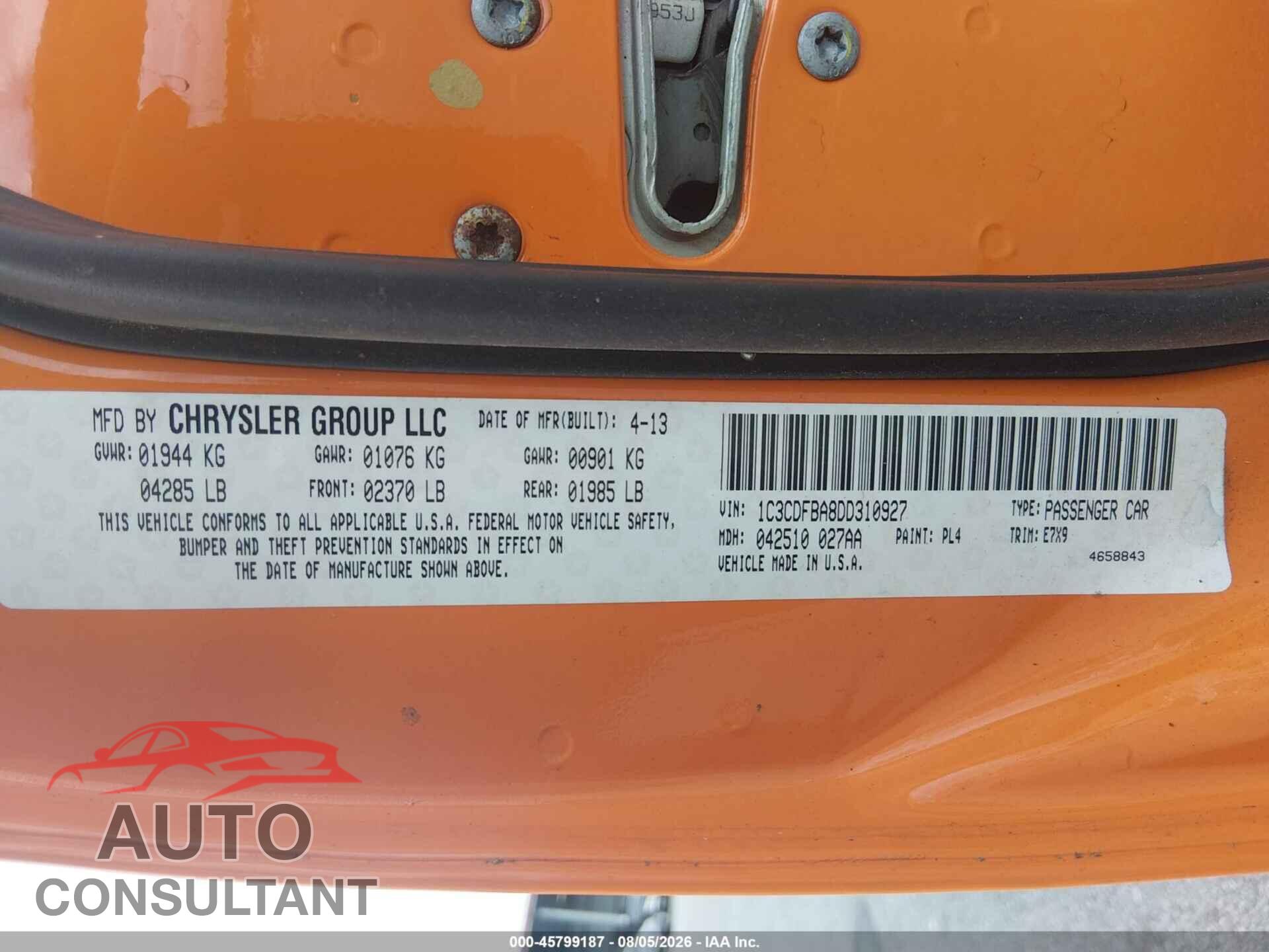 DODGE DART 2013 - 1C3CDFBA8DD310927