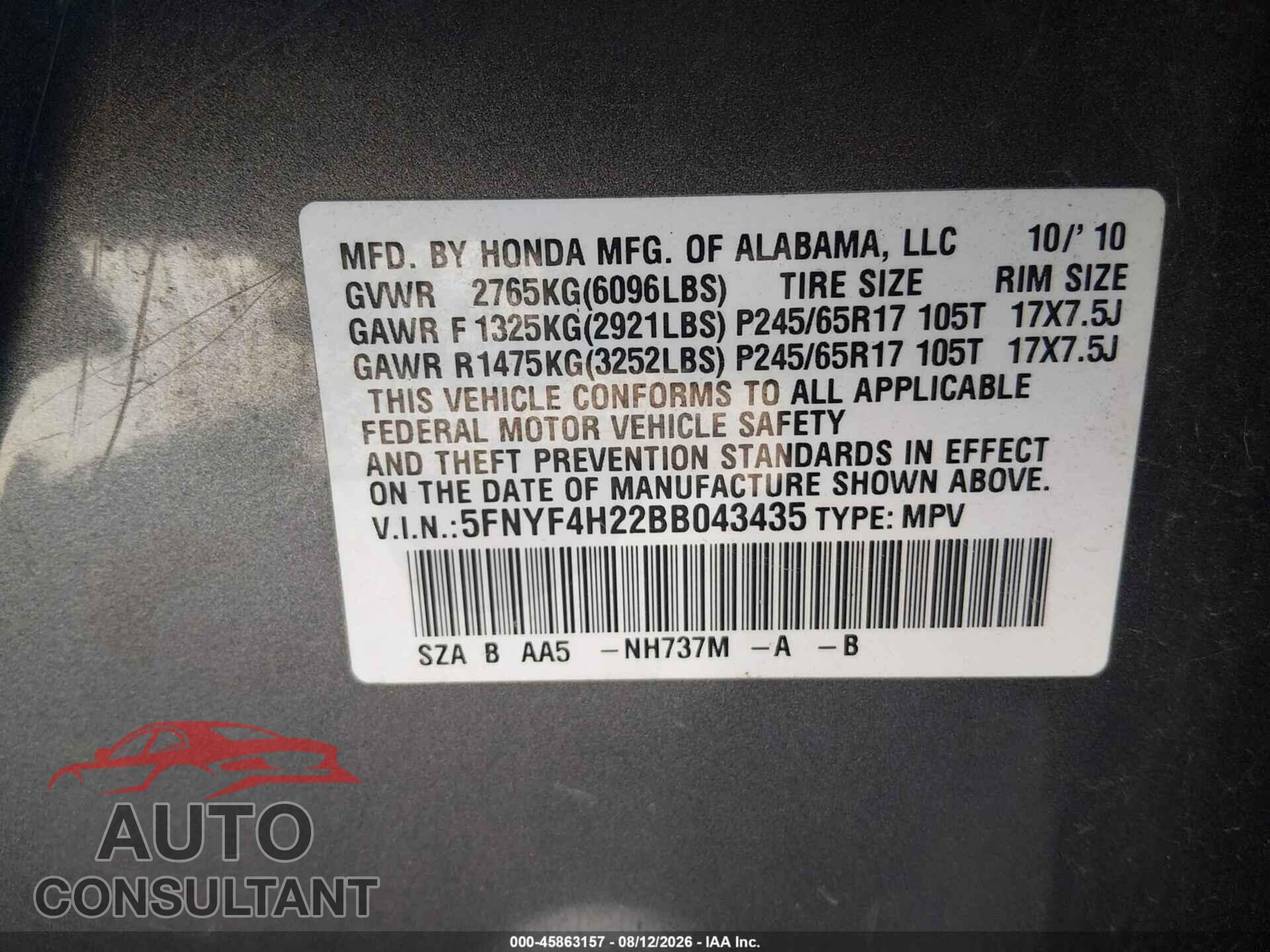 HONDA PILOT 2011 - 5FNYF4H22BB043435