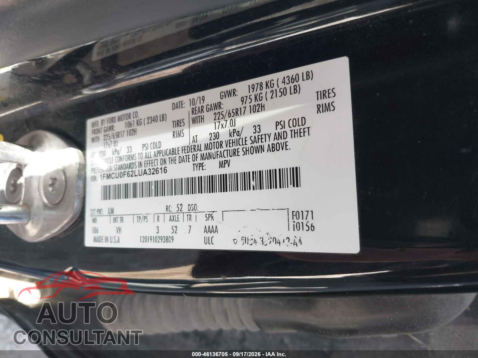 FORD ESCAPE 2020 - 1FMCU0F62LUA32616