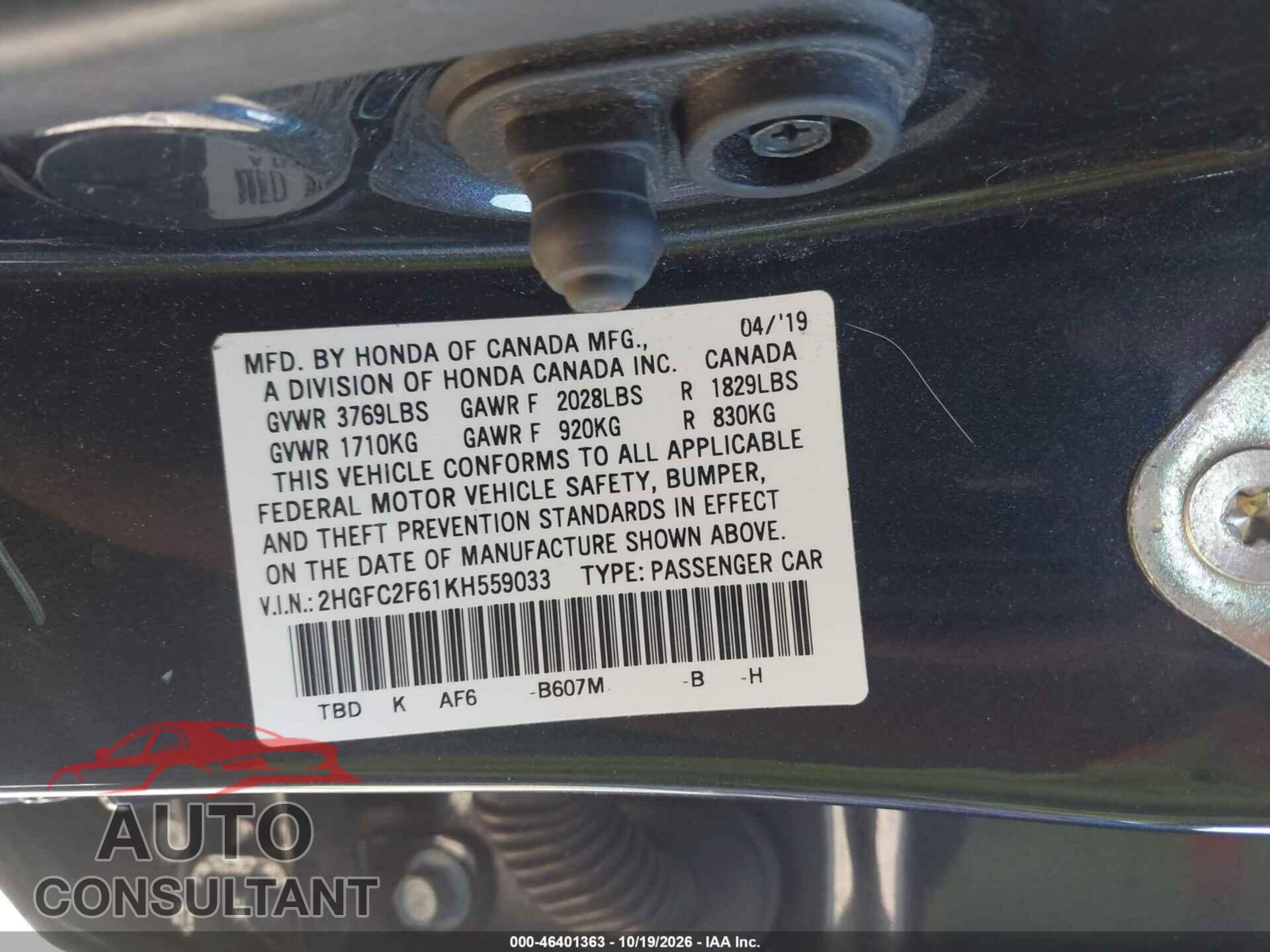 HONDA CIVIC 2019 - 2HGFC2F61KH559033