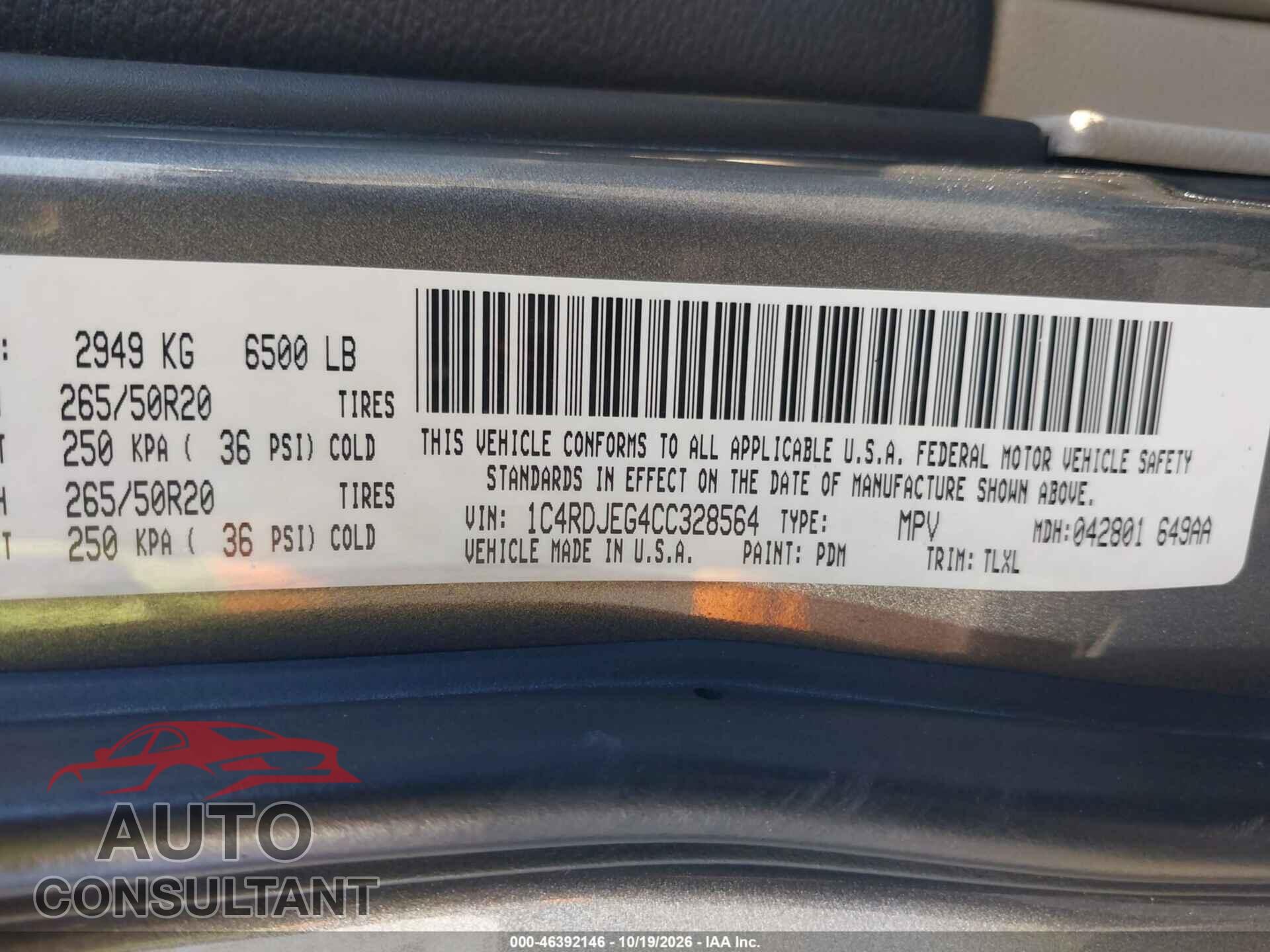 DODGE DURANGO 2012 - 1C4RDJEG4CC328564