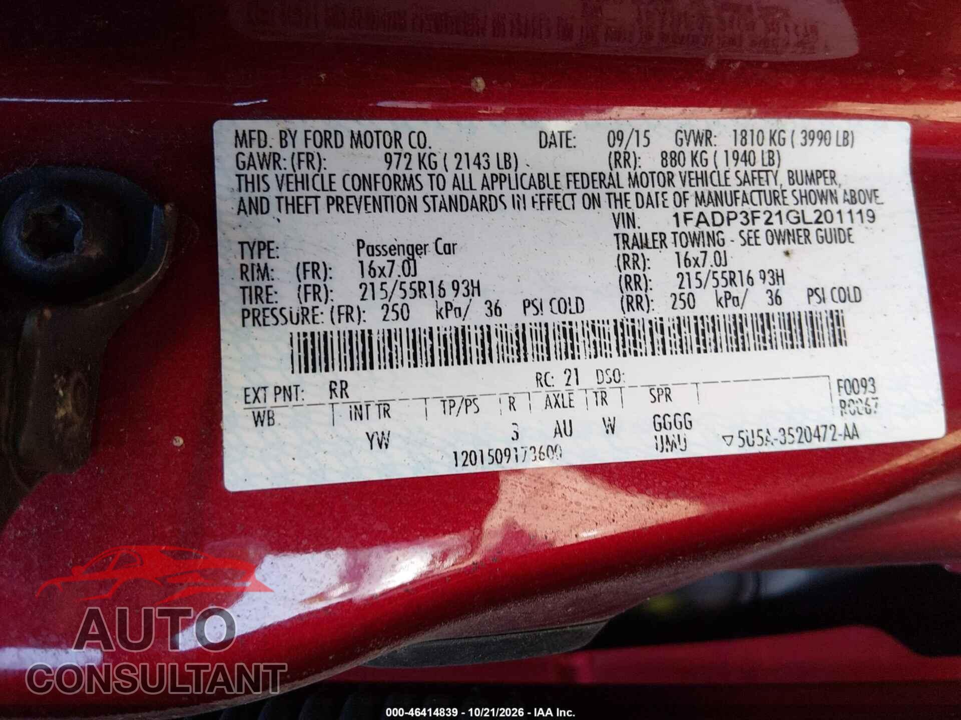 FORD FOCUS 2016 - 1FADP3F21GL201119