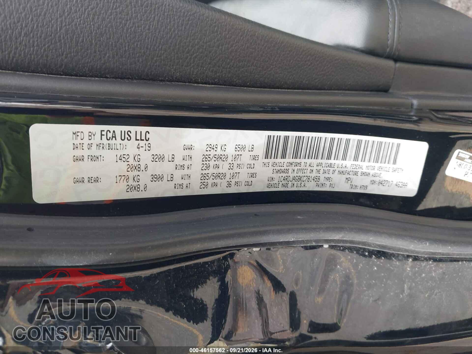 DODGE DURANGO 2019 - 1C4RDJAG8KC781459