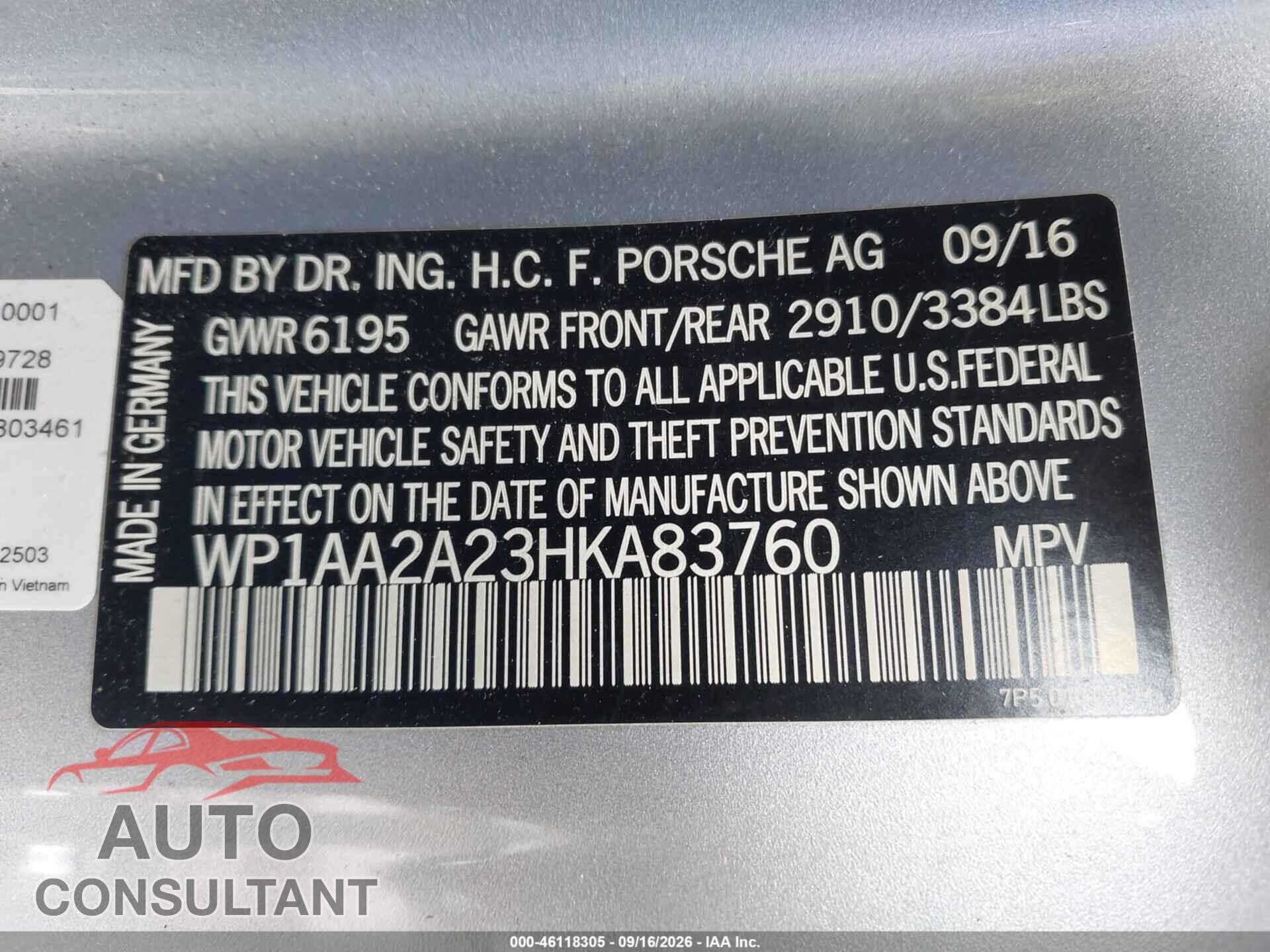 PORSCHE CAYENNE 2017 - WP1AA2A23HKA83760