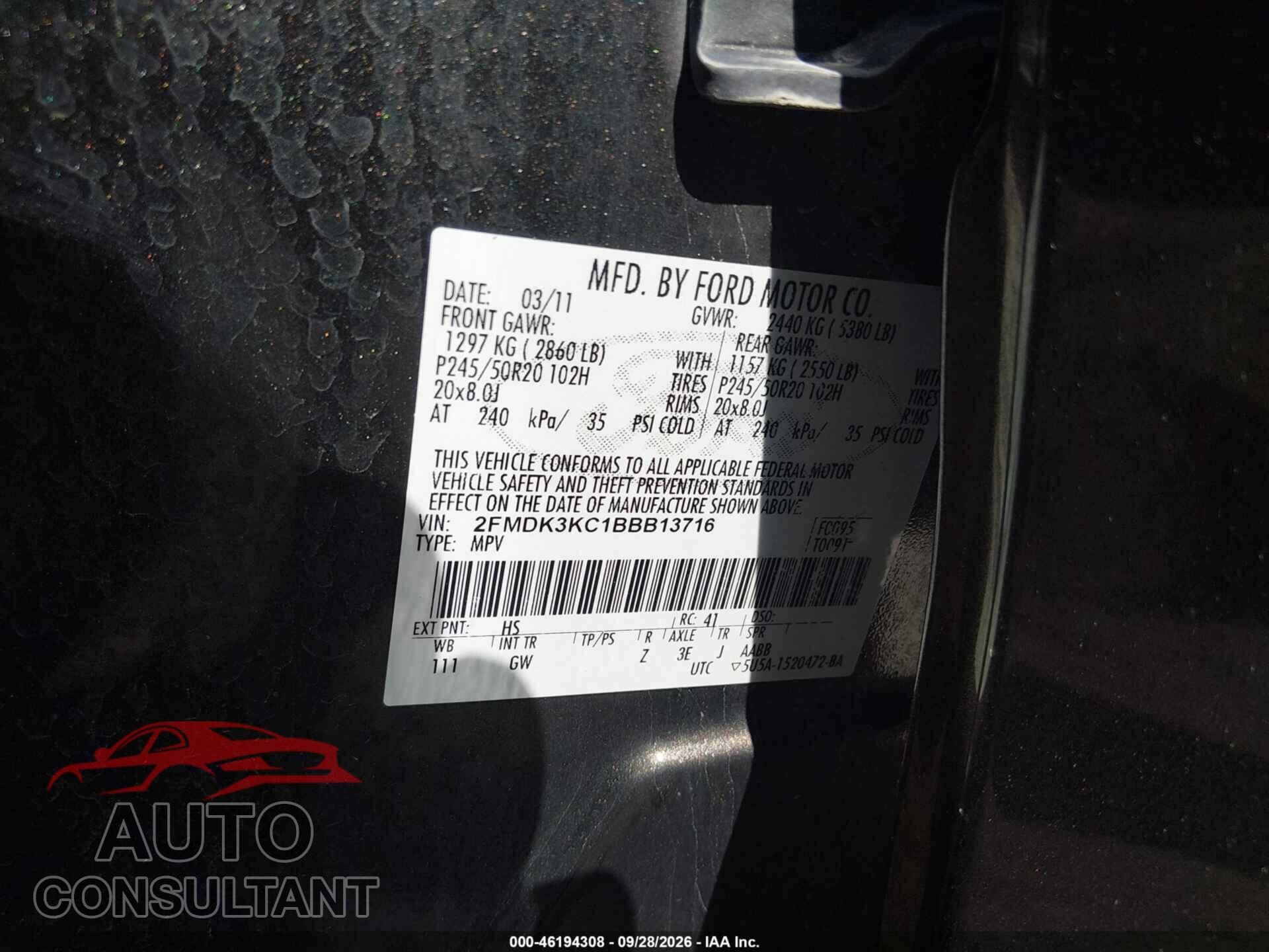 FORD EDGE 2011 - 2FMDK3KC1BBB13716