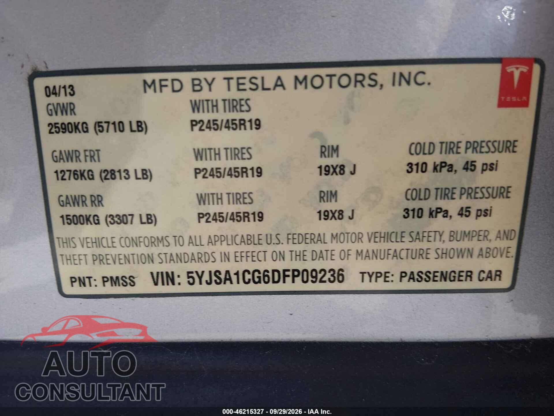 TESLA MODEL S 2013 - 5YJSA1CG6DFP09236