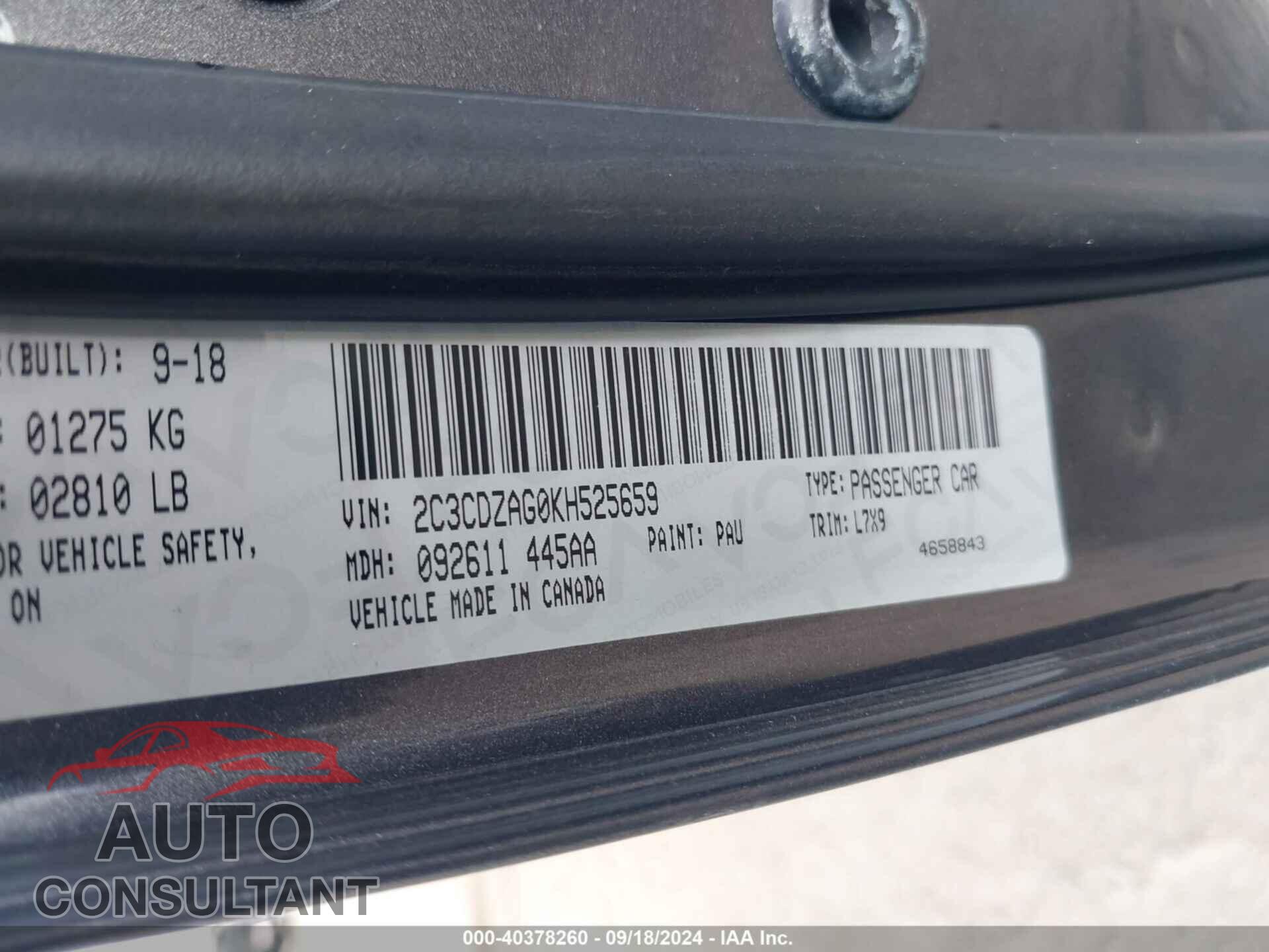DODGE CHALLENGER 2019 - 2C3CDZAG0KH525659