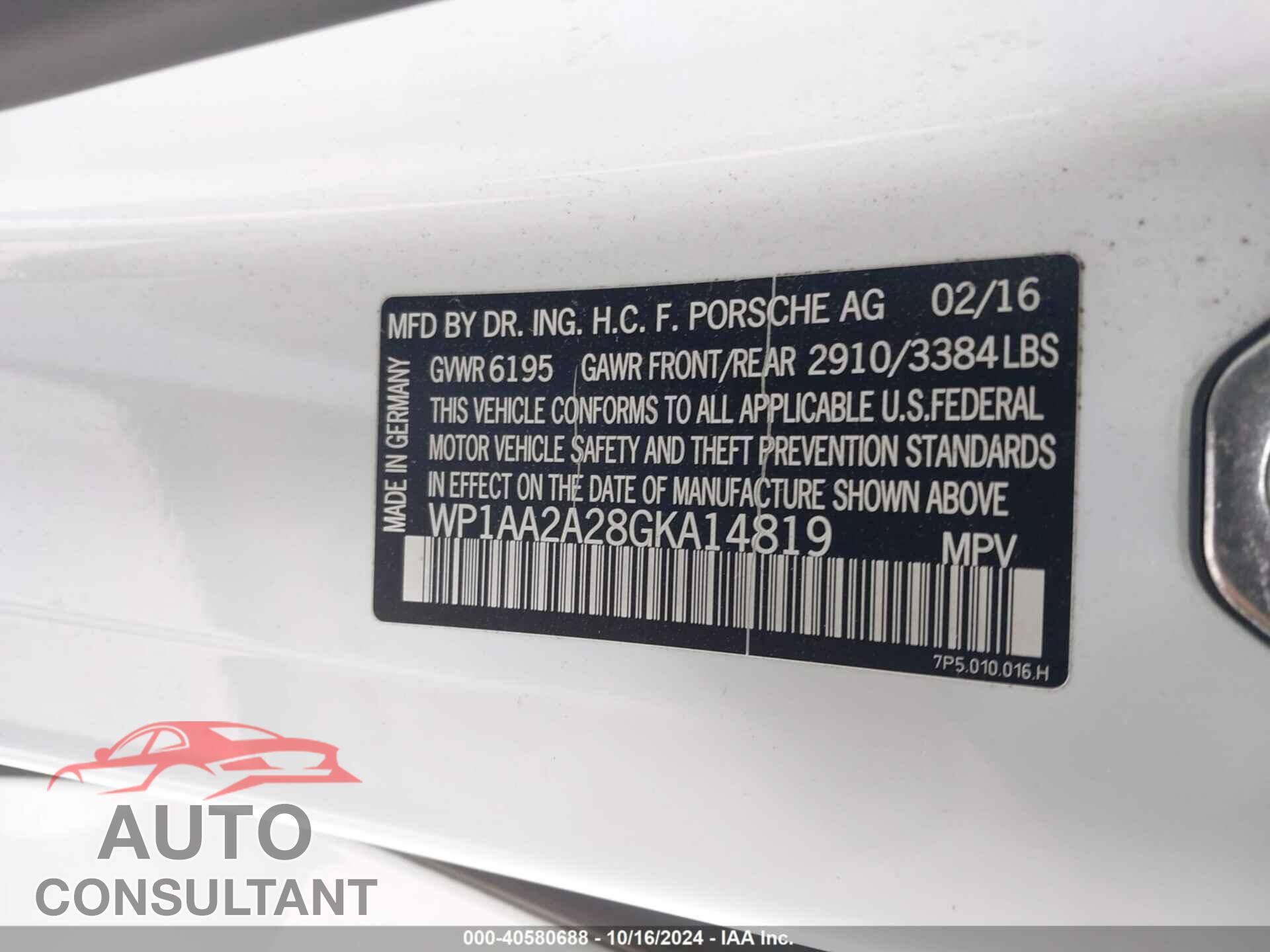 PORSCHE CAYENNE 2016 - WP1AA2A28GKA14819