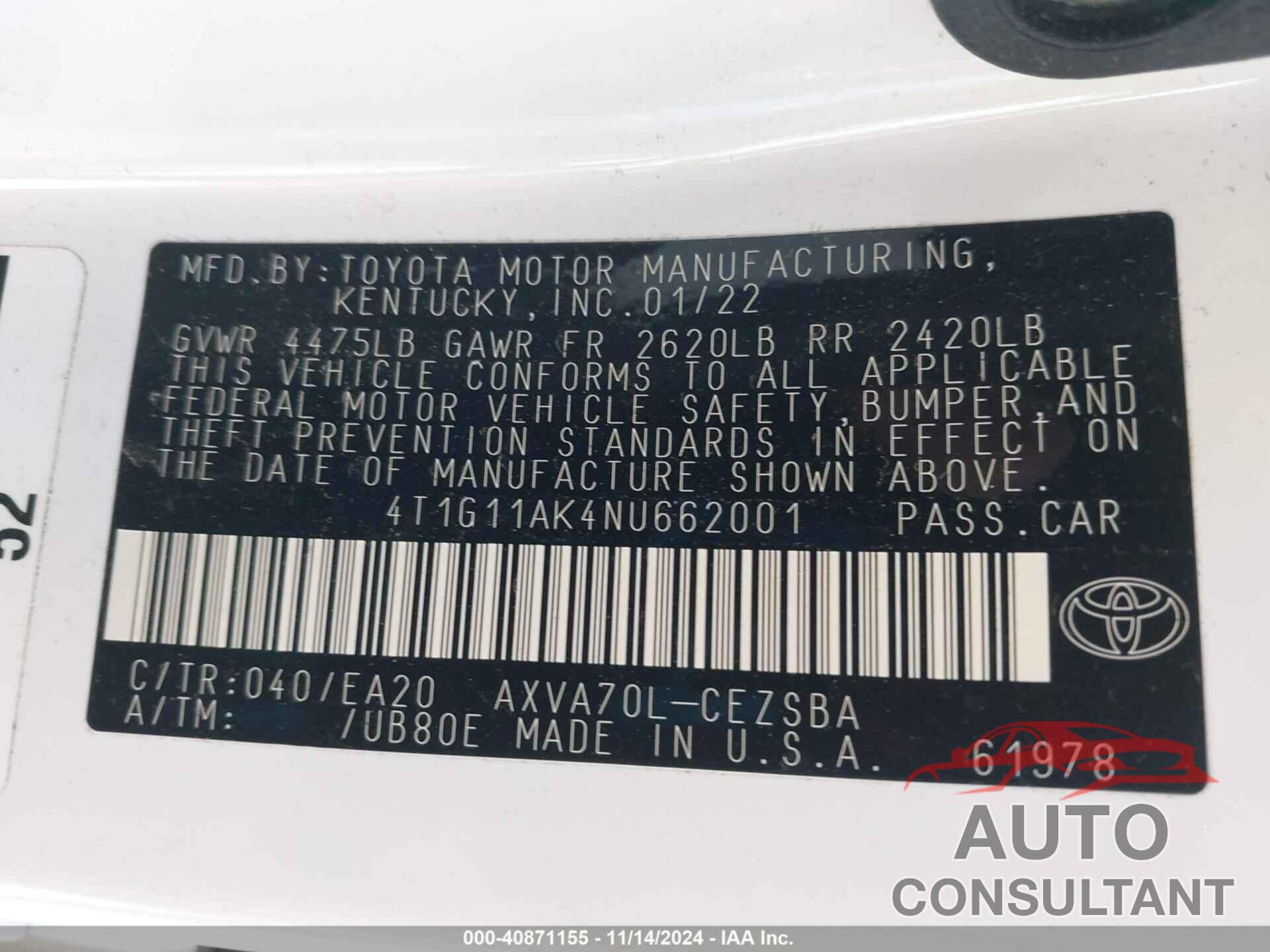 TOYOTA CAMRY 2022 - 4T1G11AK4NU662001