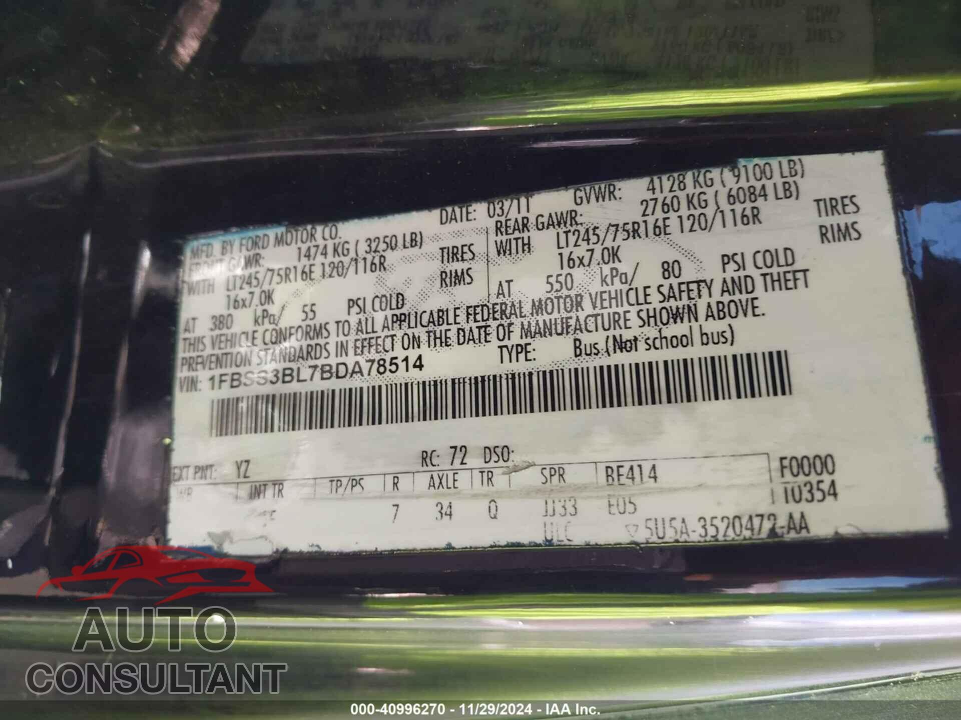 FORD E-350 SUPER DUTY 2011 - 1FBSS3BL7BDA78514