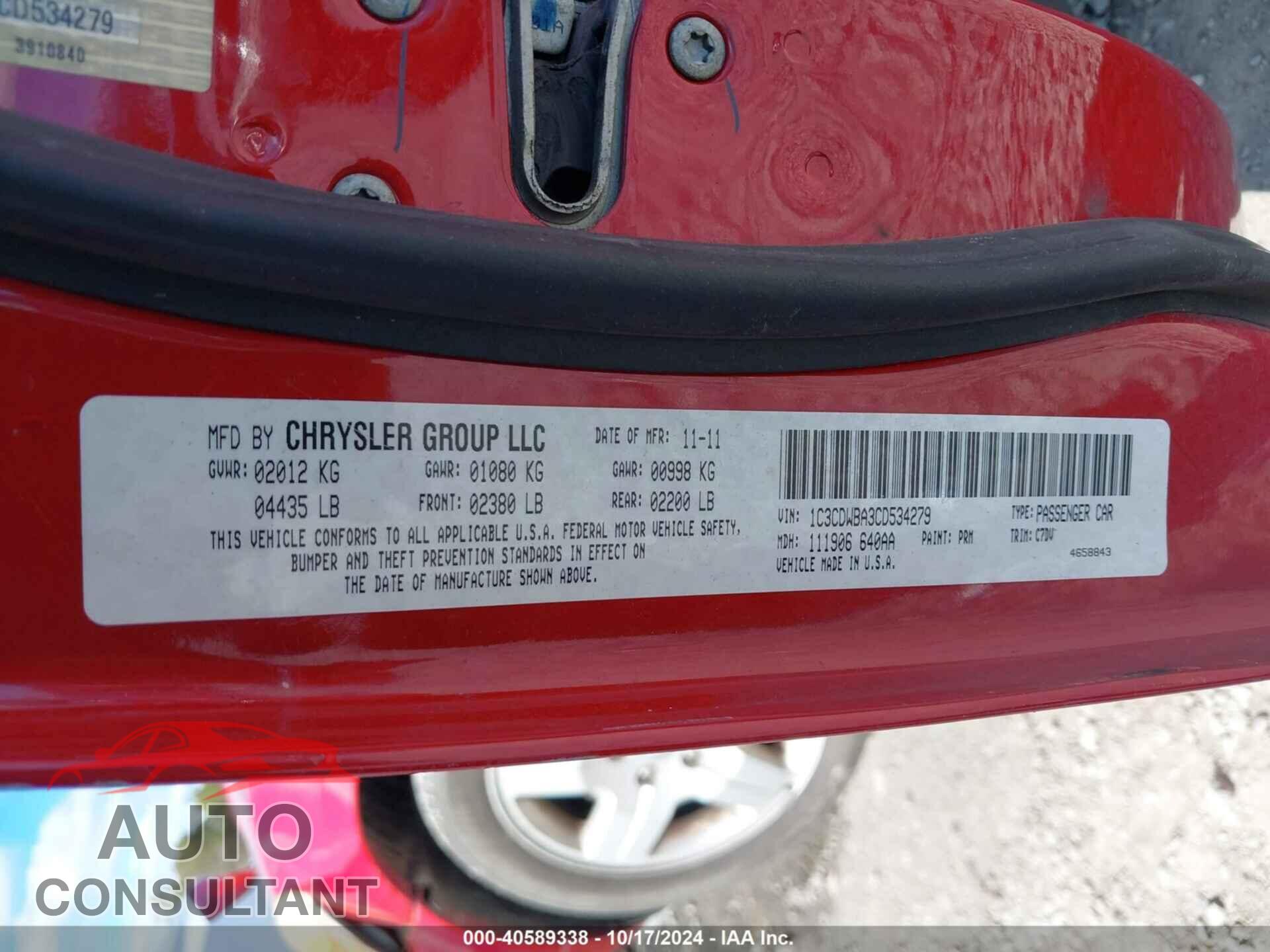 DODGE CALIBER 2012 - 1C3CDWBA3CD534279