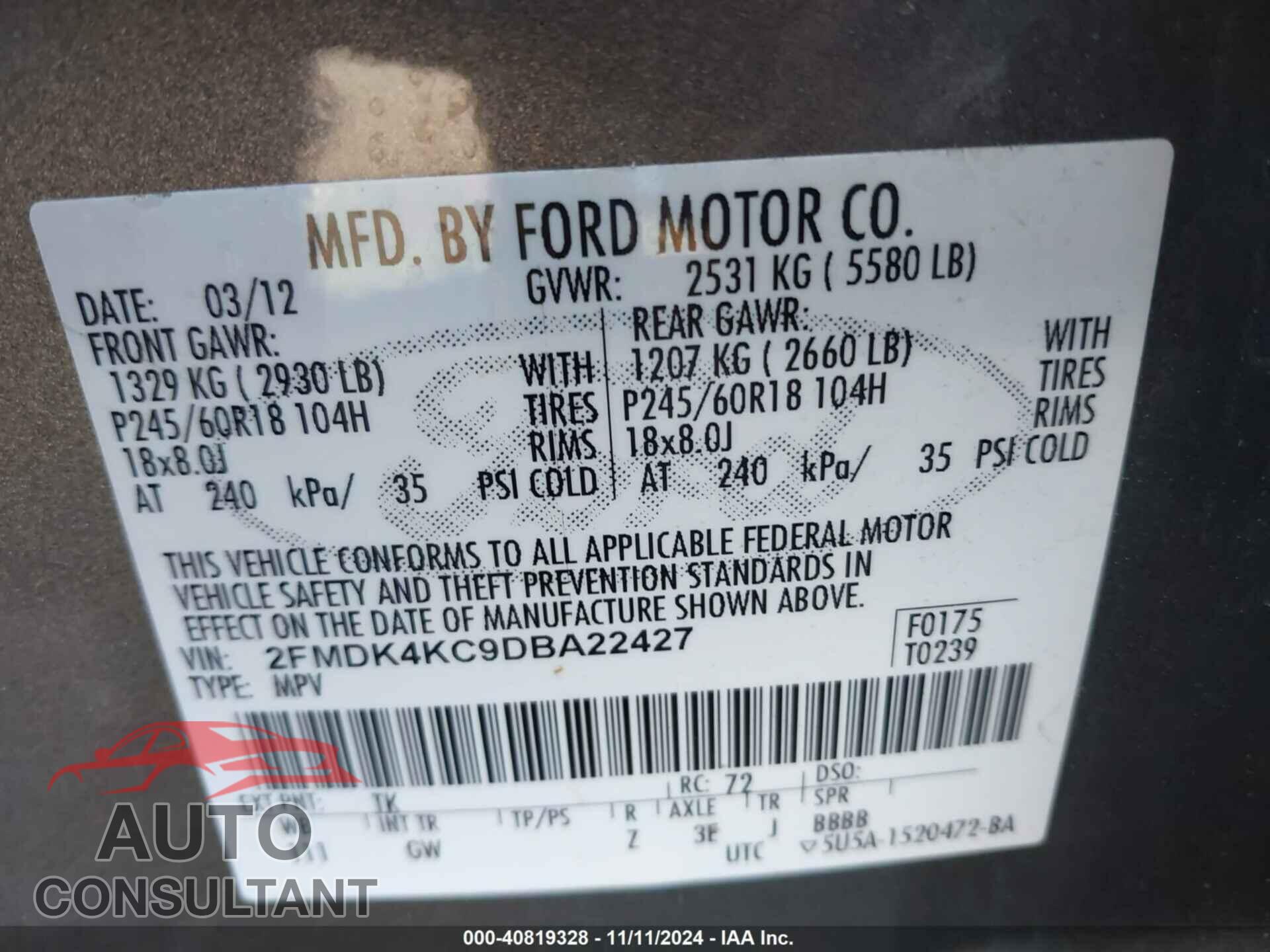 FORD EDGE 2013 - 2FMDK4KC9DBA22427