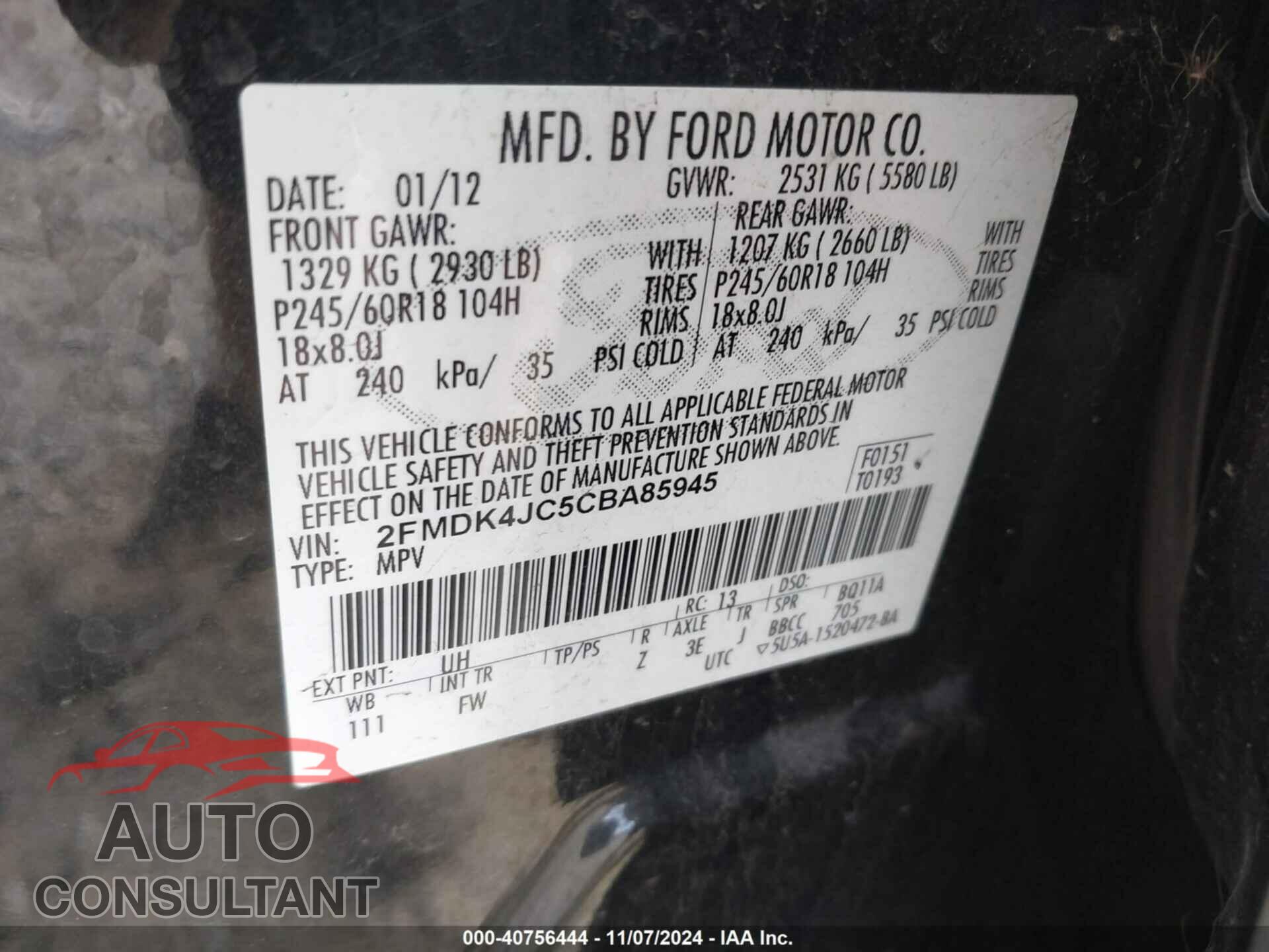 FORD EDGE 2012 - 2FMDK4JC5CBA85945