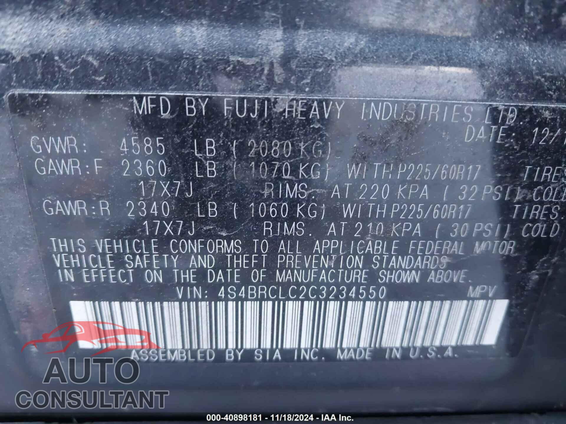 SUBARU OUTBACK 2012 - 4S4BRCLC2C3234550