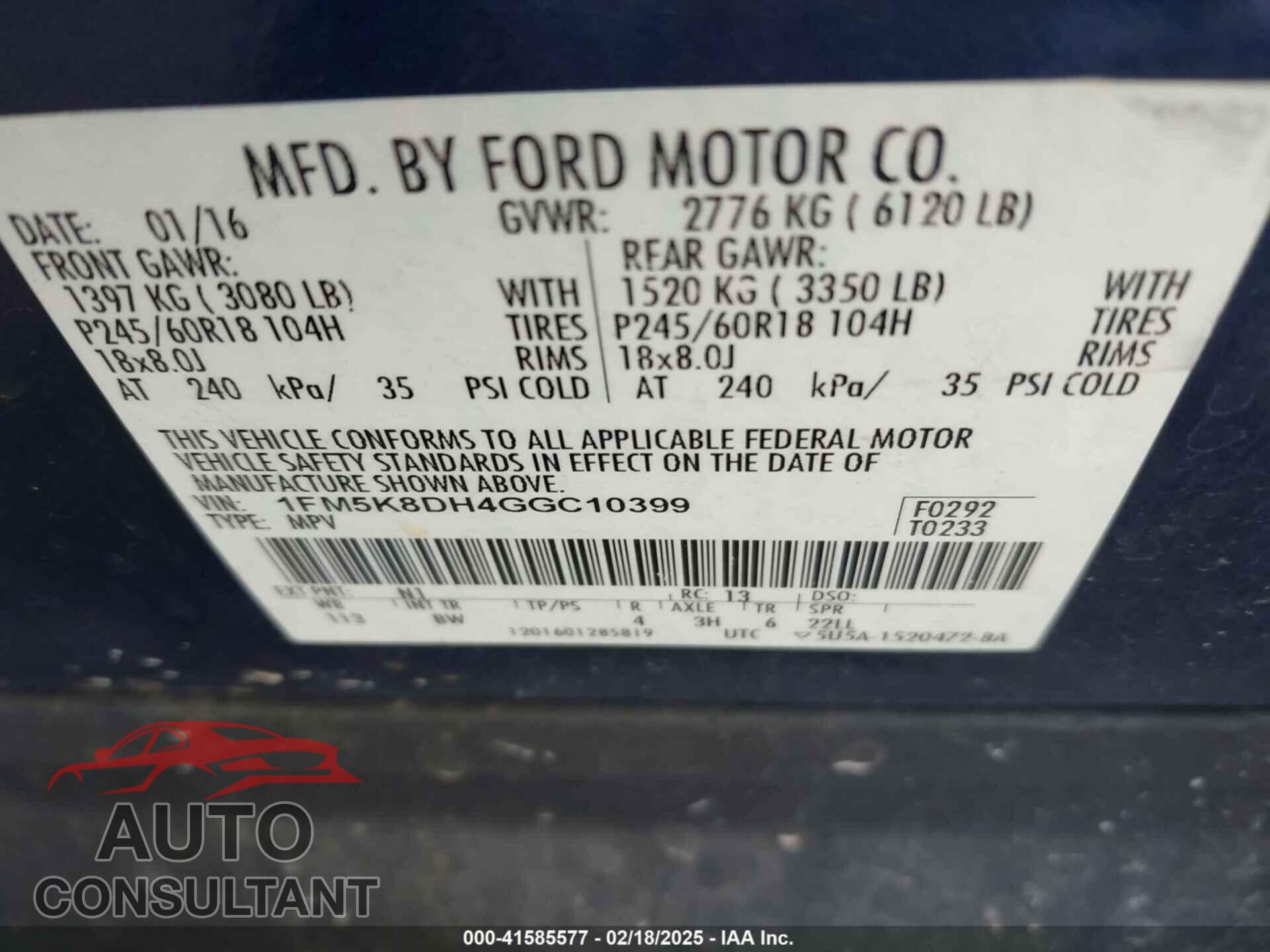 FORD EXPLORER 2016 - 1FM5K8DH4GGC10399