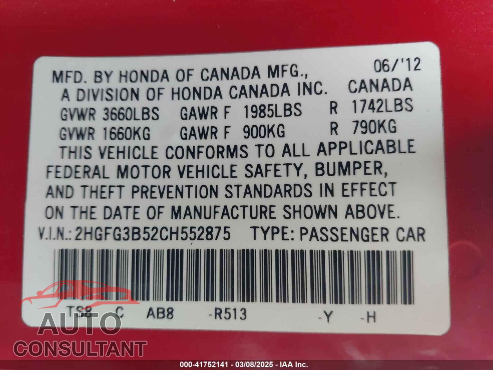 HONDA CIVIC 2012 - 2HGFG3B52CH552875