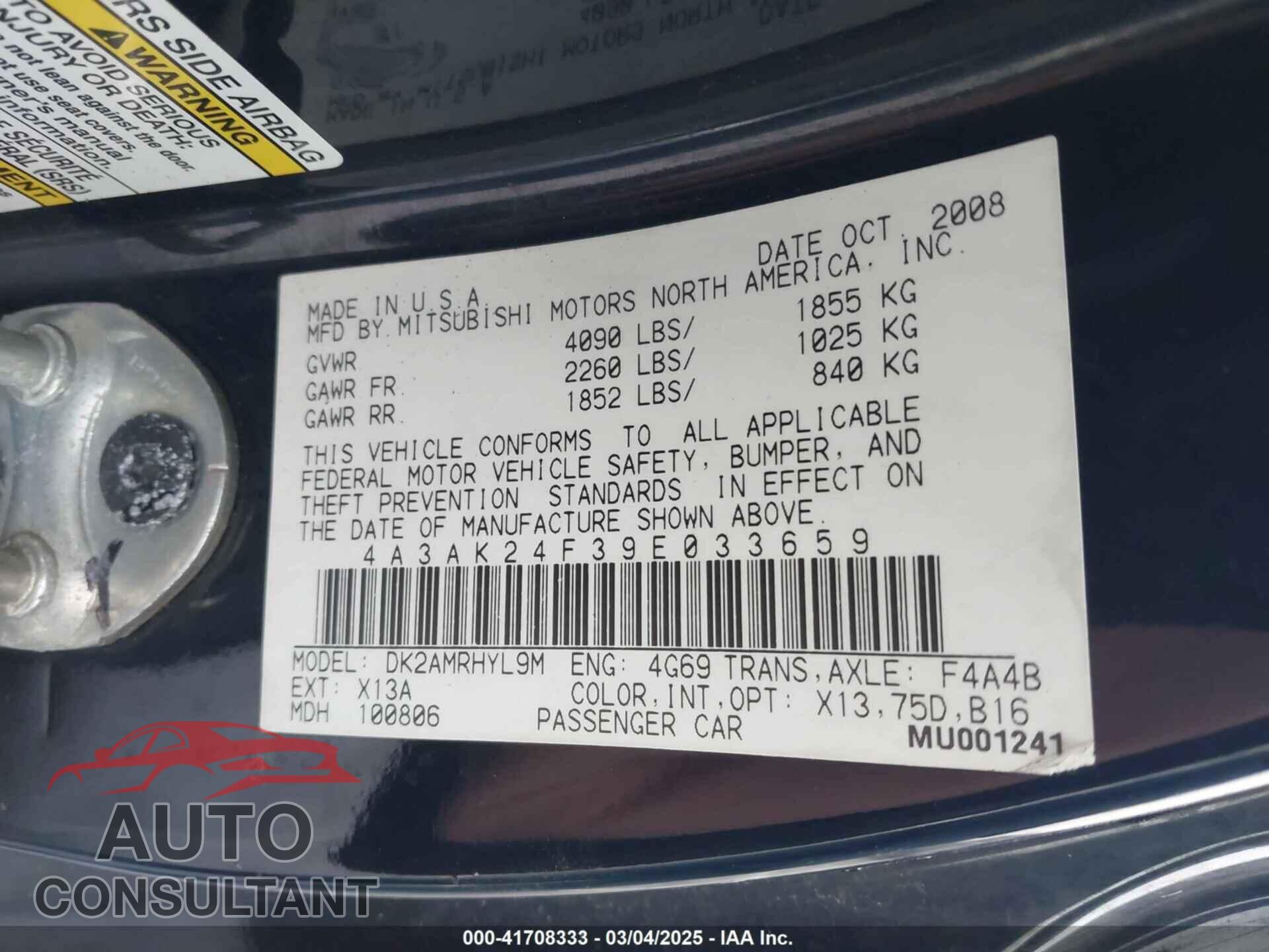MITSUBISHI ECLIPSE 2009 - 4A3AK24F39E033659
