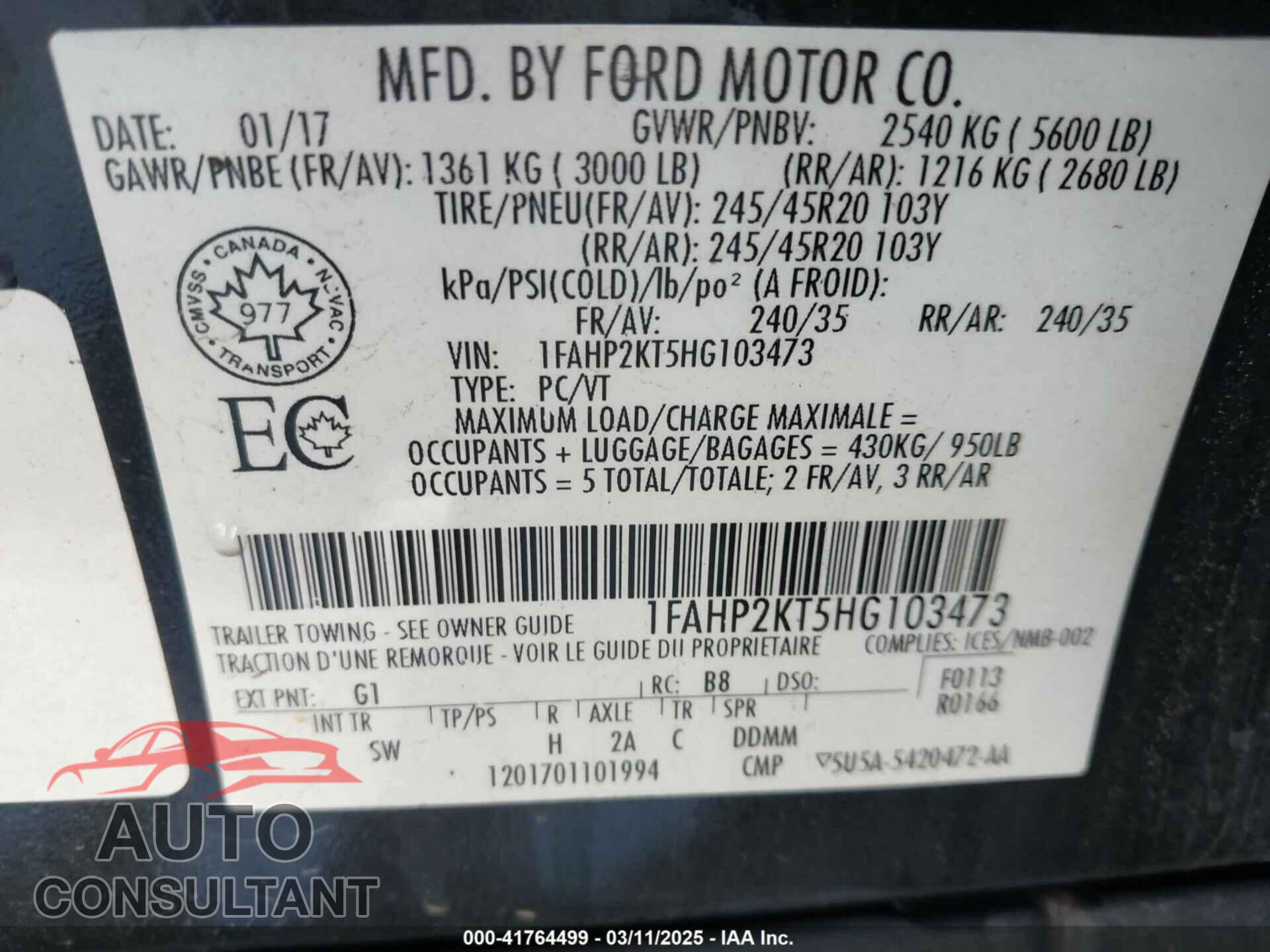 FORD TAURUS 2017 - 1FAHP2KT5HG103473