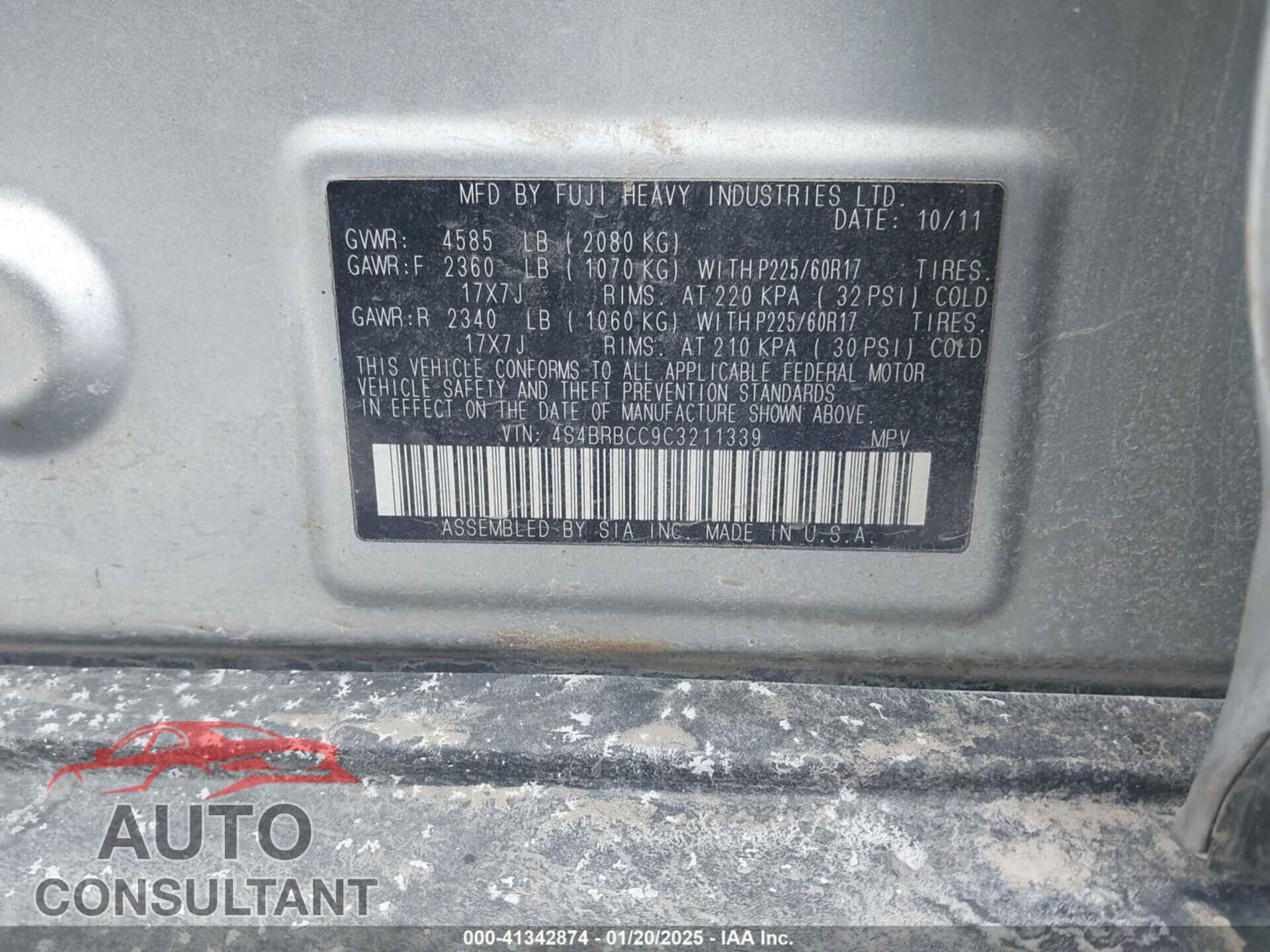 SUBARU OUTBACK 2012 - 4S4BRBCC9C3211339