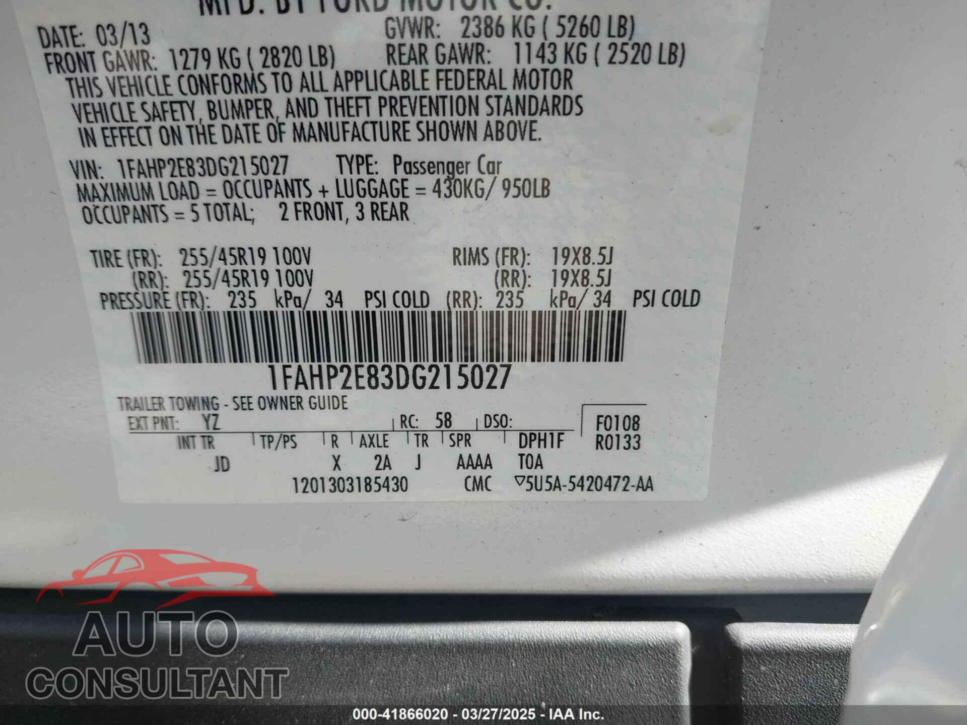 FORD TAURUS 2013 - 1FAHP2E83DG215027