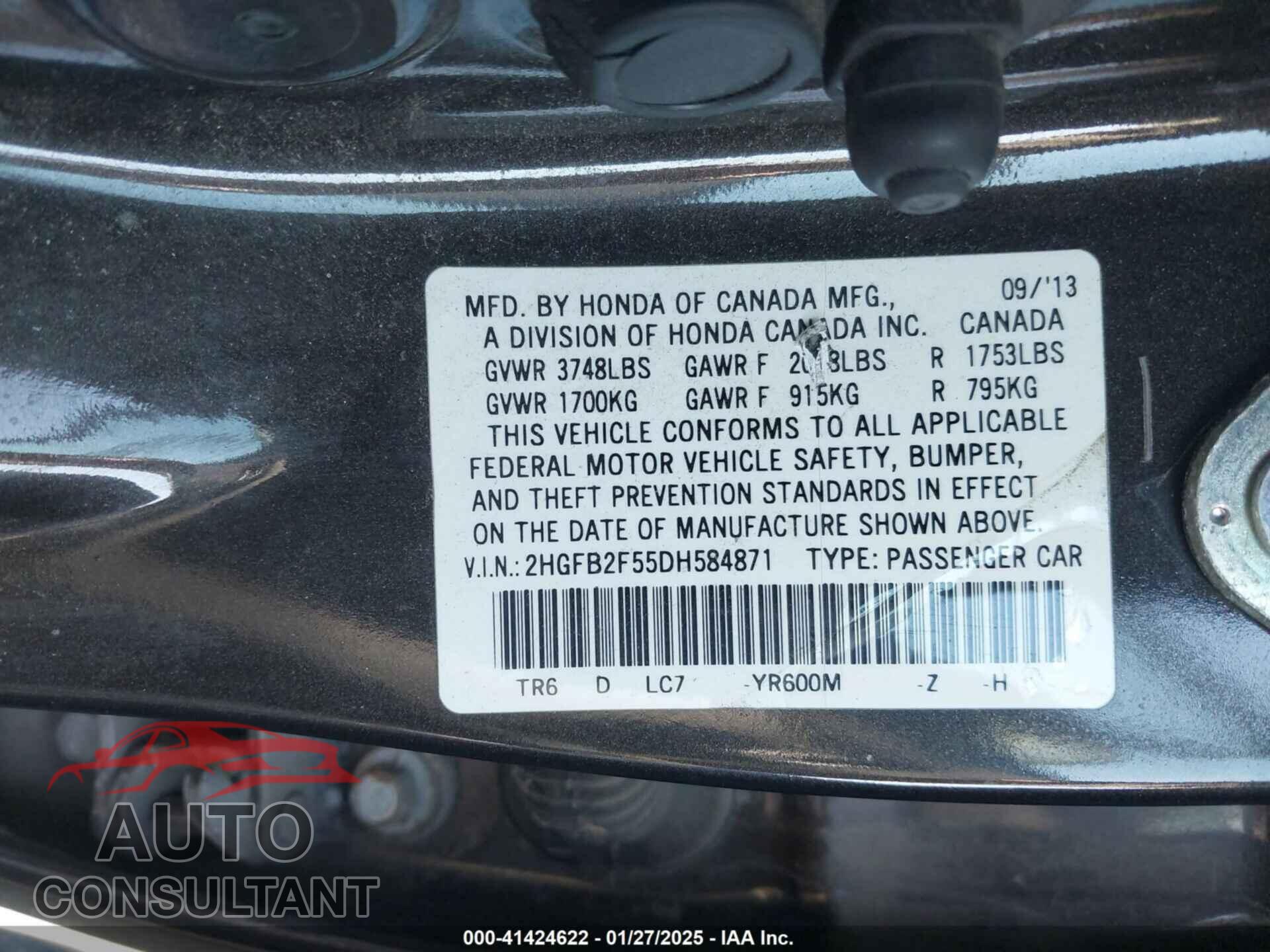 HONDA CIVIC 2013 - 2HGFB2F55DH584871