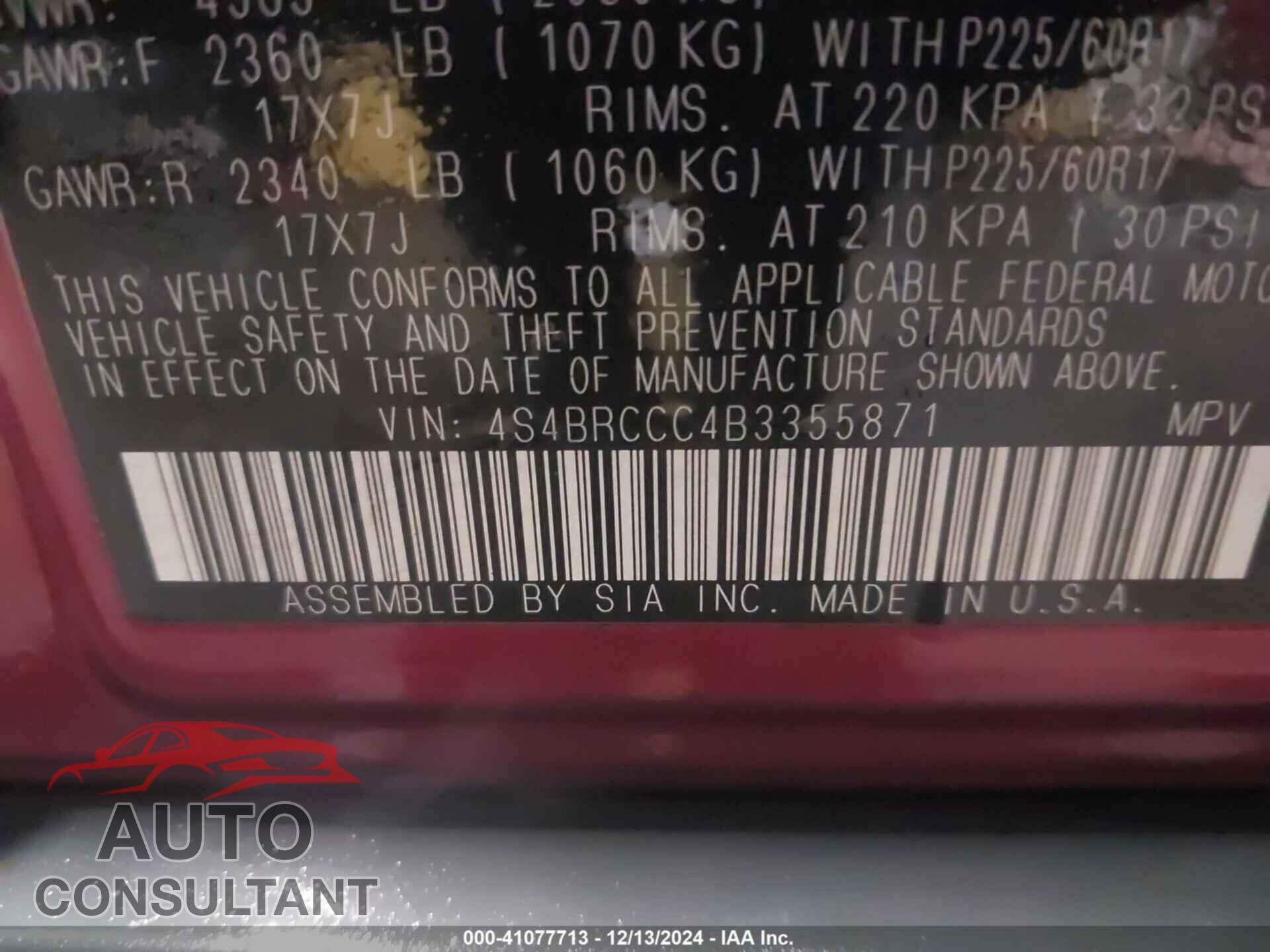 SUBARU OUTBACK 2011 - 4S4BRCCC4B3355871