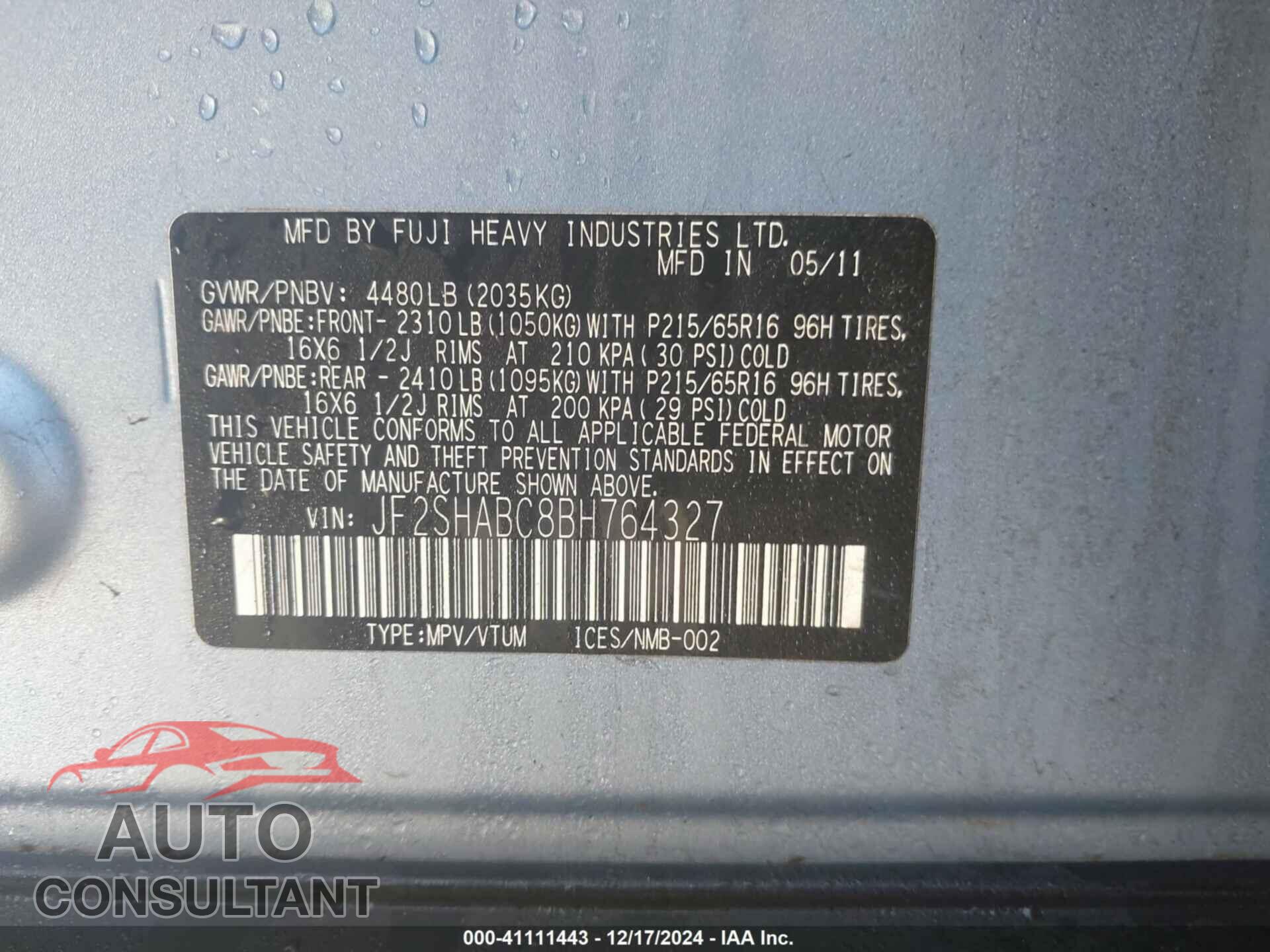 SUBARU FORESTER 2011 - JF2SHABC8BH764327