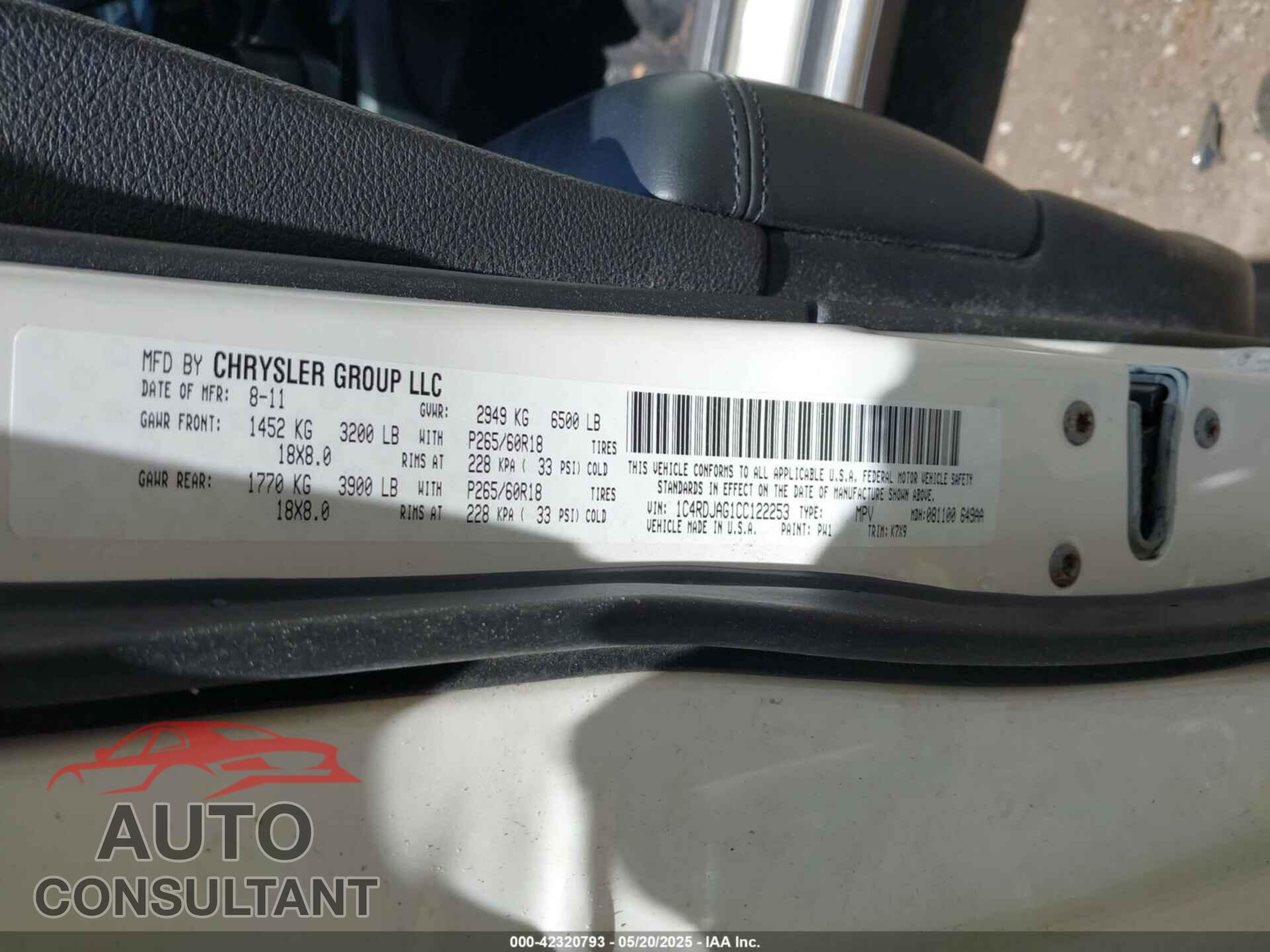 DODGE DURANGO 2012 - 1C4RDJAG1CC122253