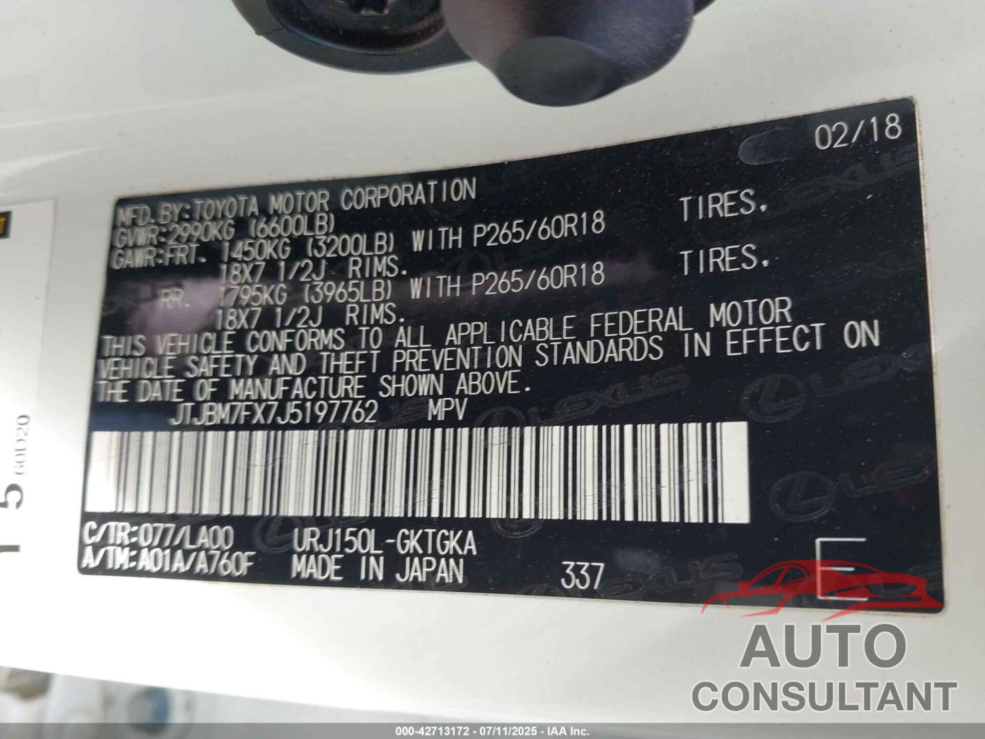 LEXUS GX 460 2018 - JTJBM7FX7J5197762