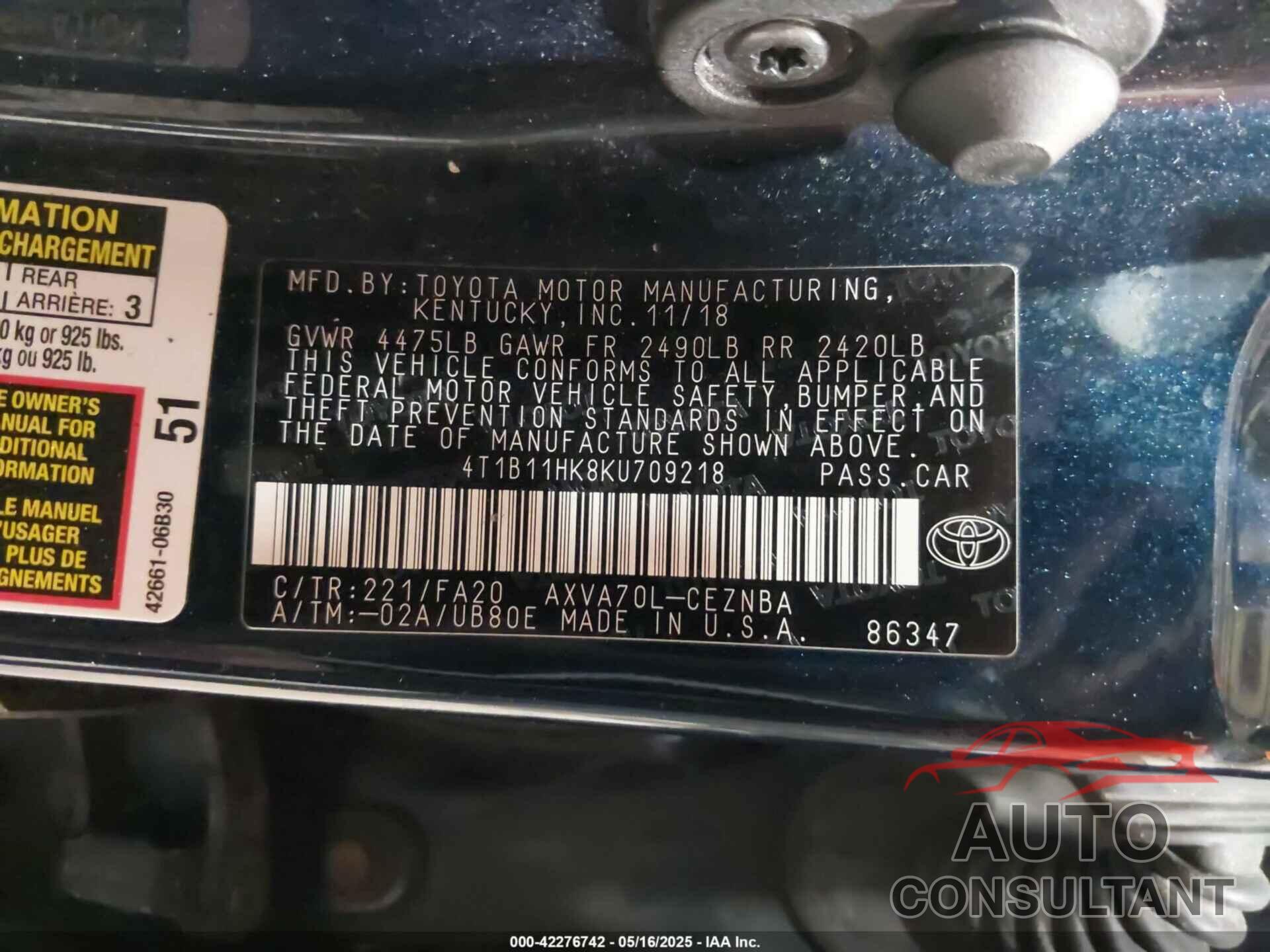 TOYOTA CAMRY 2019 - 4T1B11HK8KU709218
