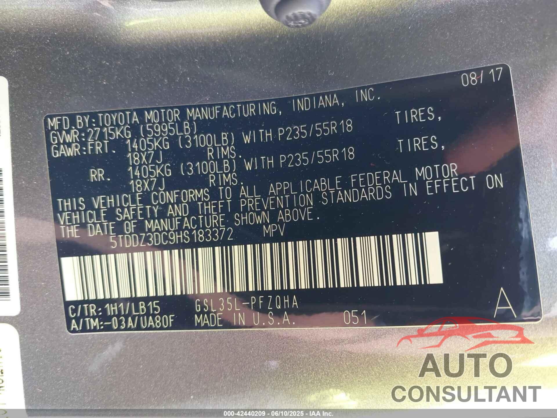 TOYOTA SIENNA 2017 - 5TDDZ3DC9HS183372