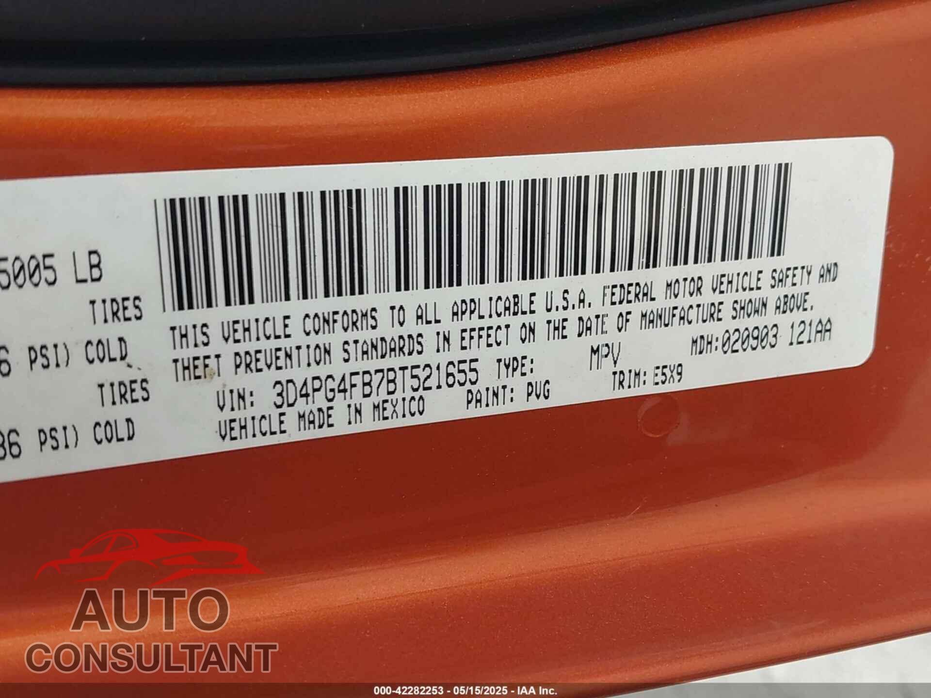 DODGE JOURNEY 2011 - 3D4PG4FB7BT521655