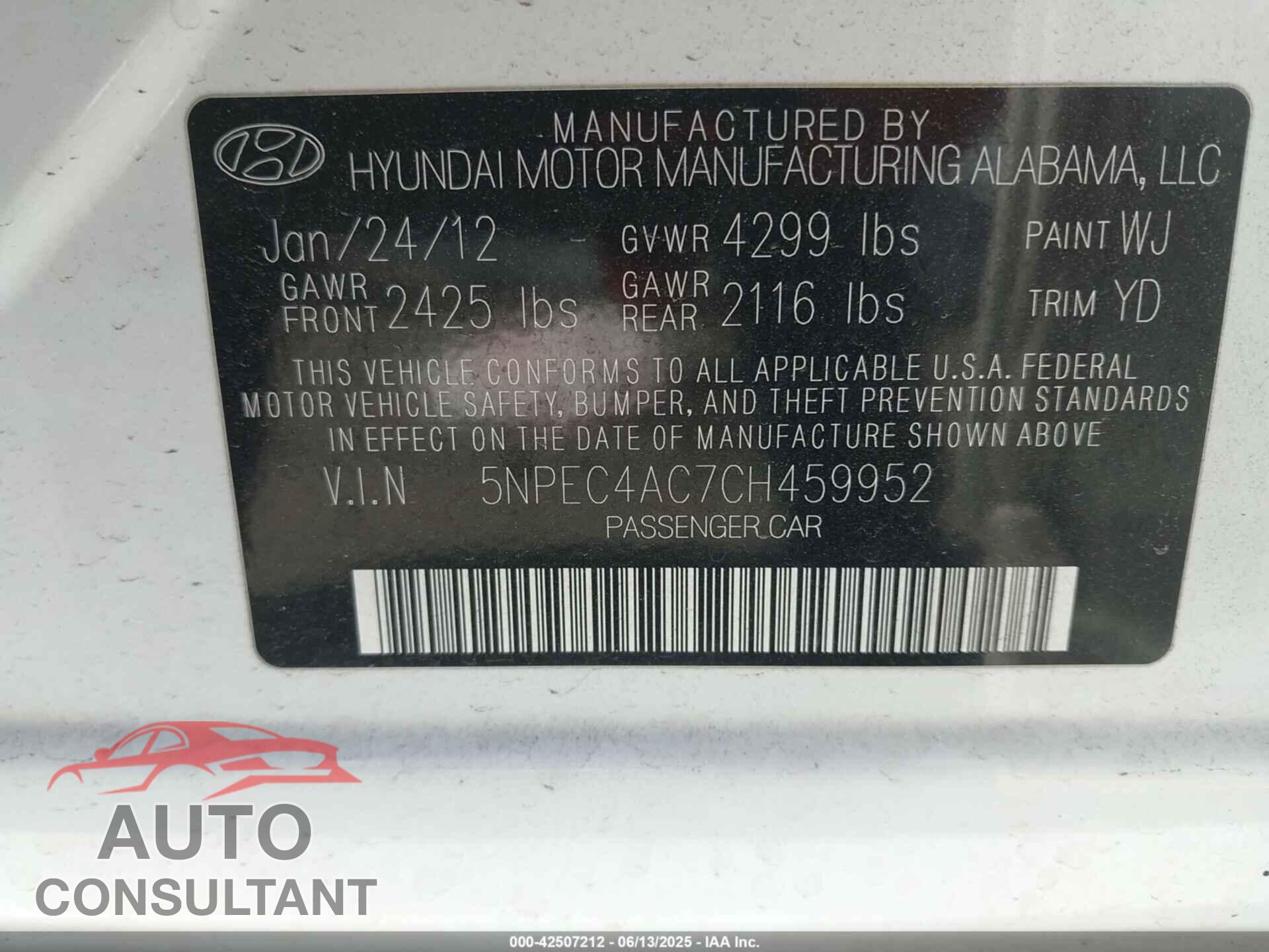 HYUNDAI SONATA 2012 - 5NPEC4AC7CH459952