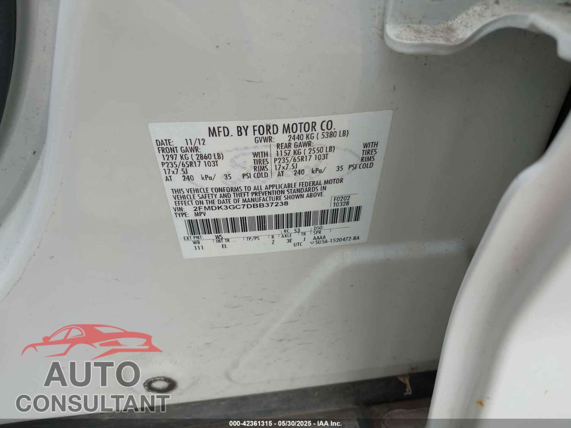FORD EDGE 2013 - 2FMDK3GC7DBB37238