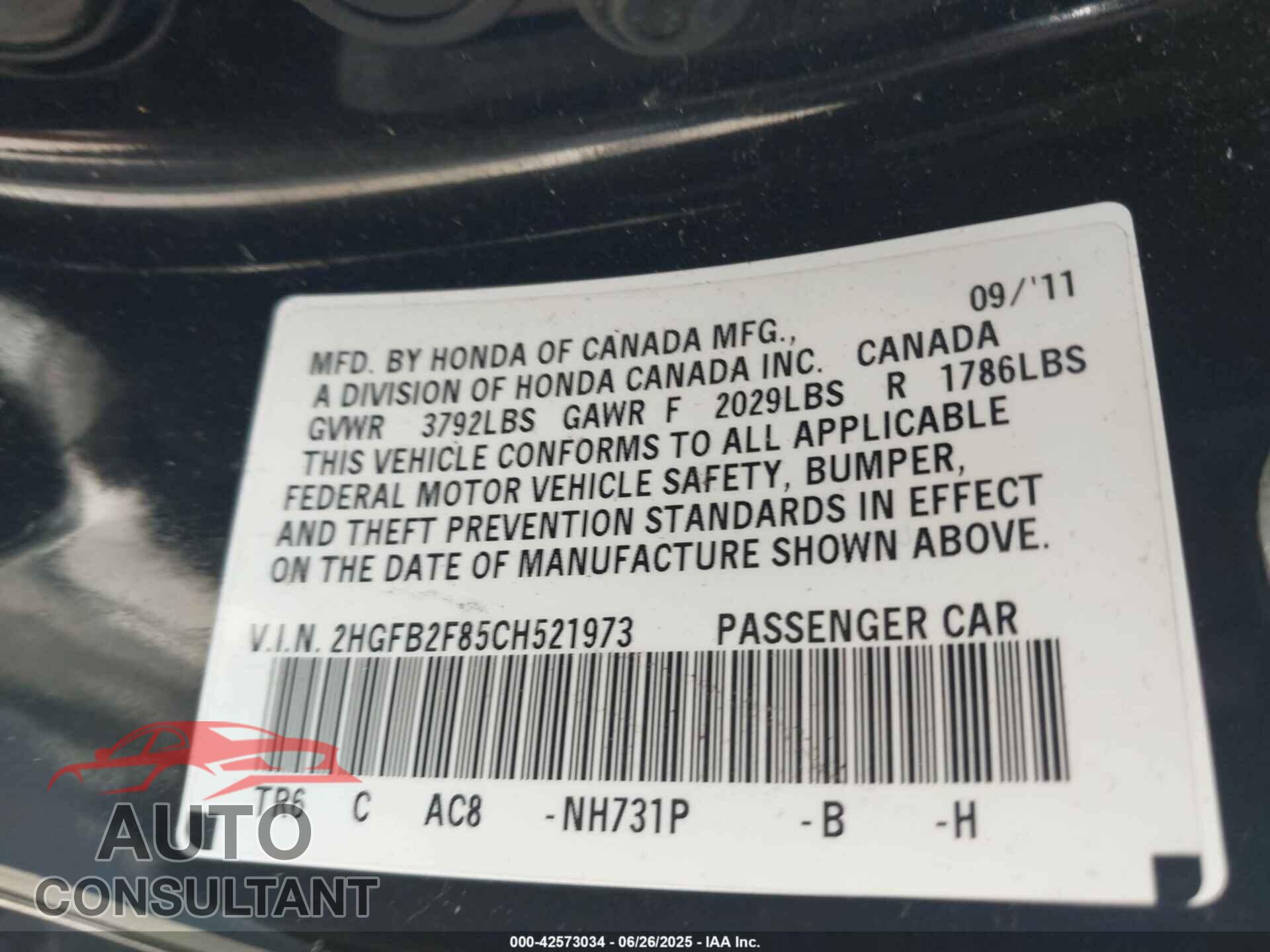 HONDA CIVIC 2012 - 2HGFB2F85CH521973